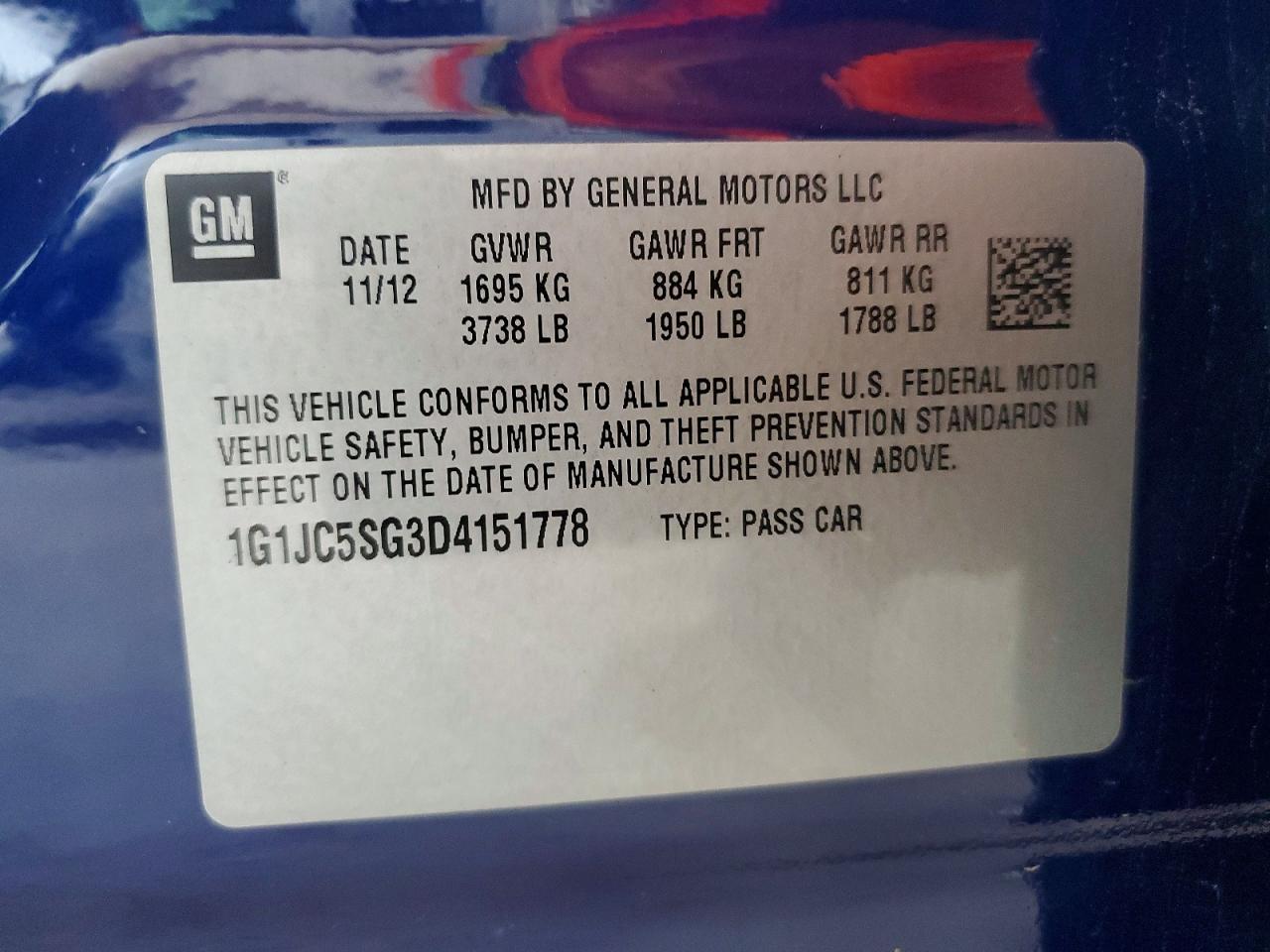 2013 Chevrolet Sonic Lt Blue vin: 1G1JC5SG3D4151778