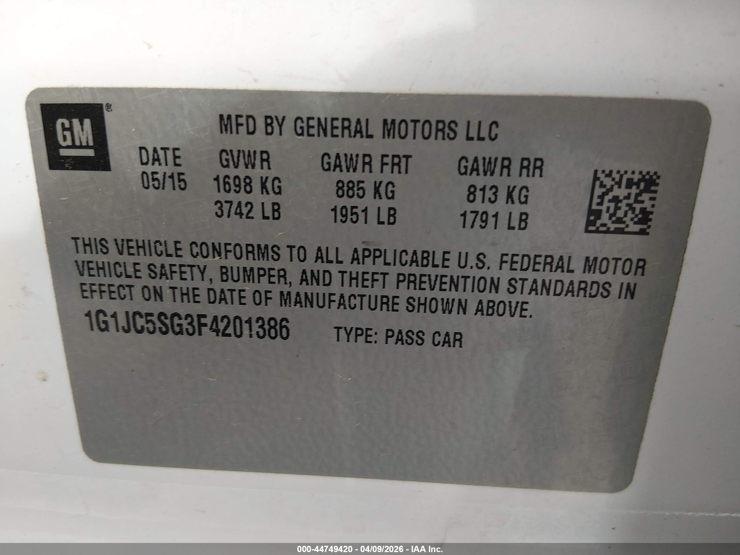 2015 Chevrolet Sonic Lt Auto White vin: 1G1JC5SG3F4201386