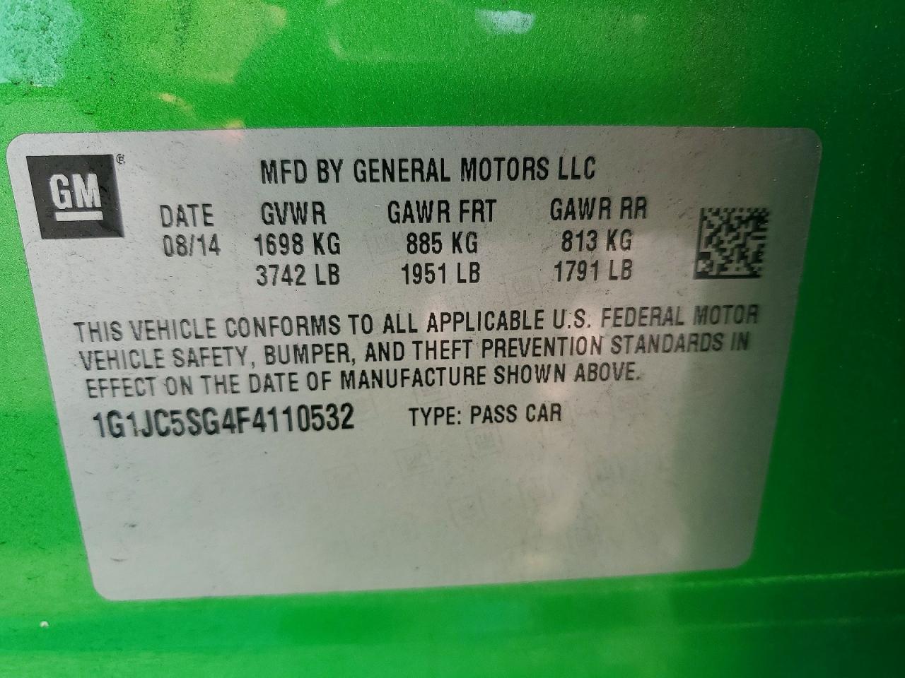 2015 Chevrolet Sonic Lt Green vin: 1G1JC5SG4F4110532
