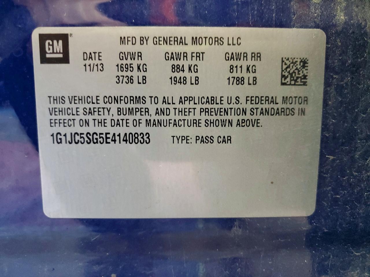 2014 Chevrolet Sonic Lt Blue vin: 1G1JC5SG5E4140833