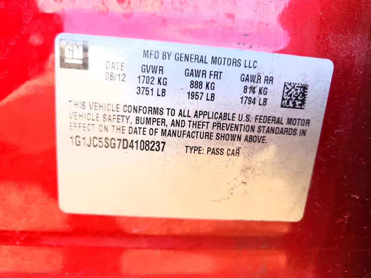 2013 Chevrolet Sonic Lt Red vin: 1G1JC5SG7D4108237