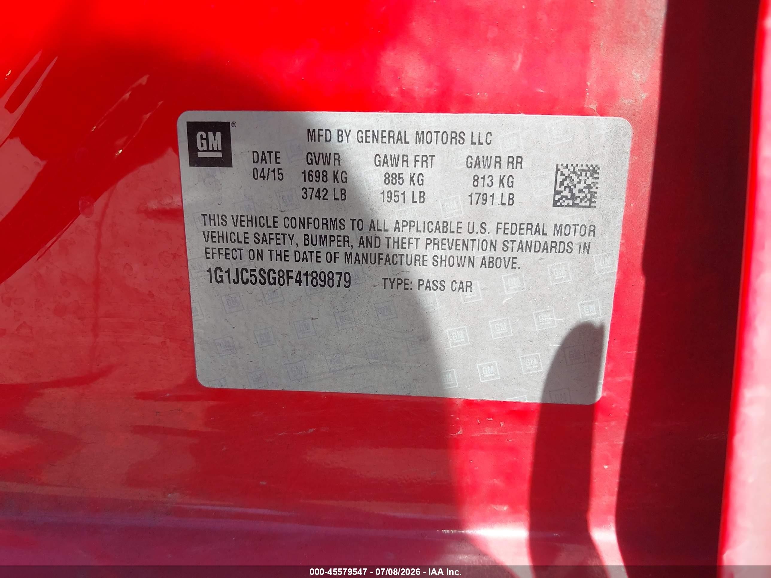 2015 Chevrolet Sonic Lt Auto Красный vin: 1G1JC5SG8F4189879