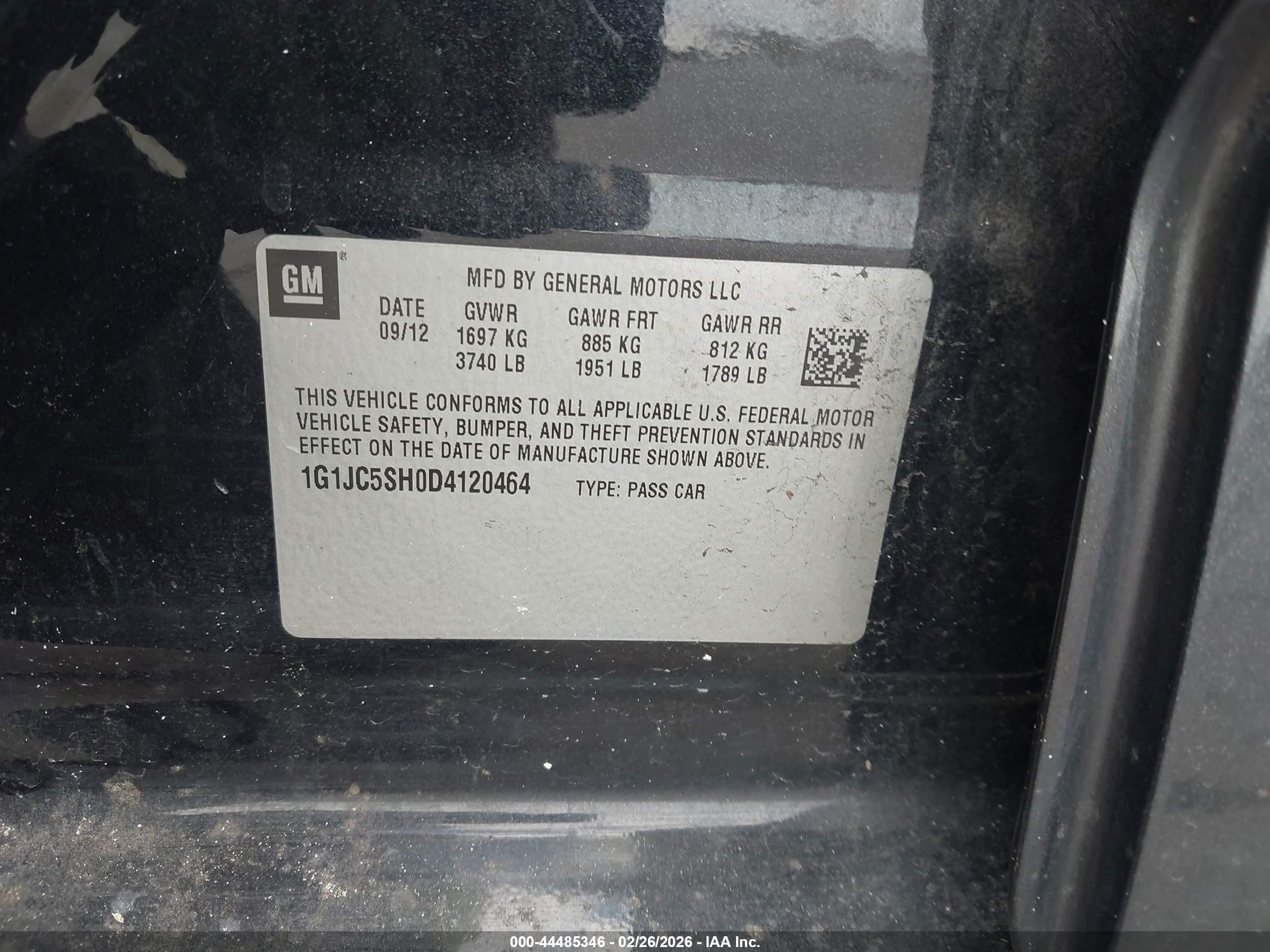 2013 Chevrolet Sonic Lt Auto Black vin: 1G1JC5SH0D4120464