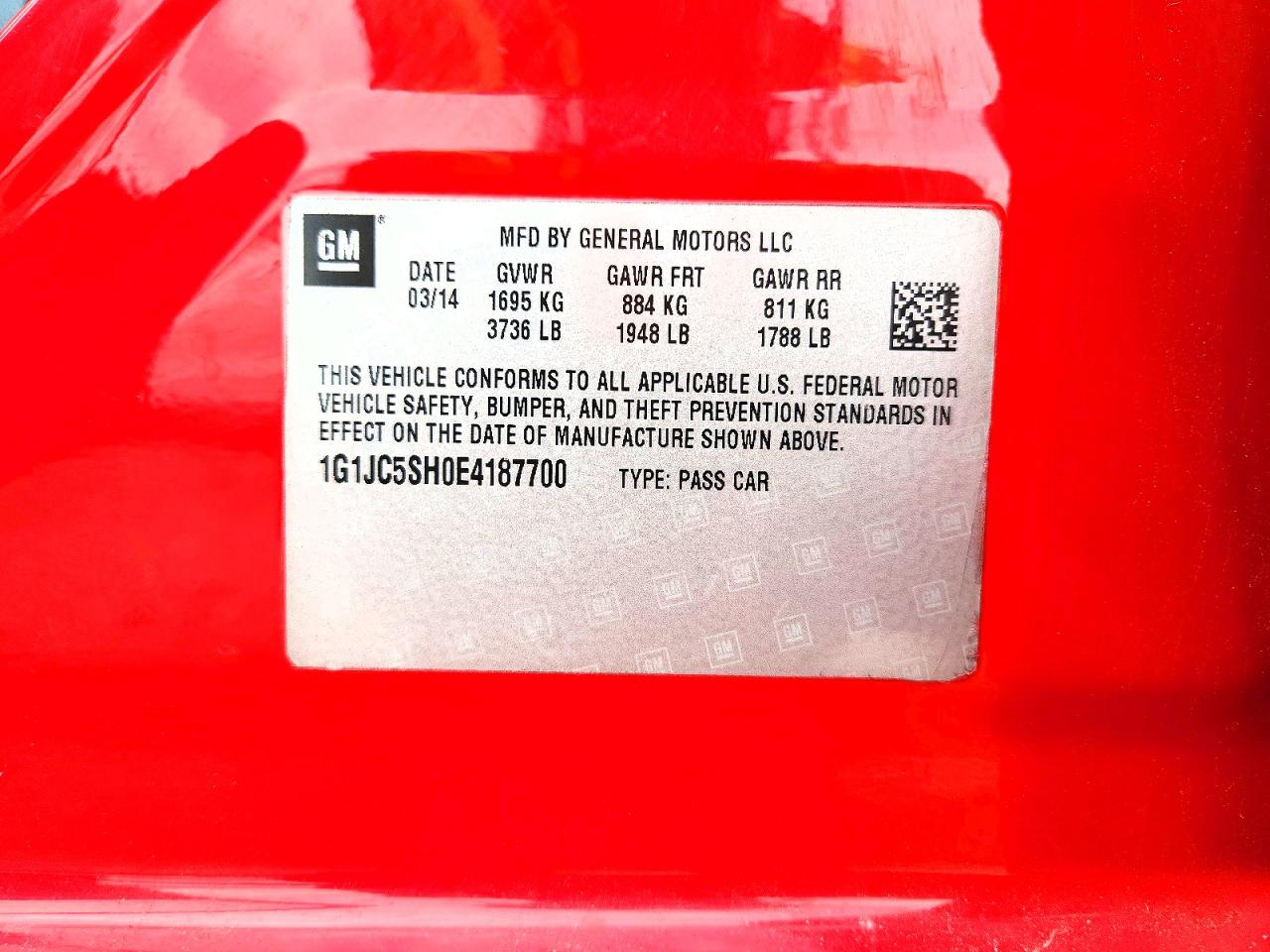 2014 Chevrolet Sonic Lt Red vin: 1G1JC5SH0E4187700