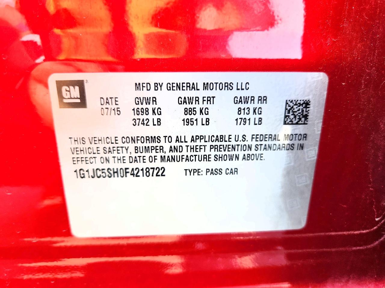 2015 Chevrolet Sonic Lt Red vin: 1G1JC5SH0F4218722