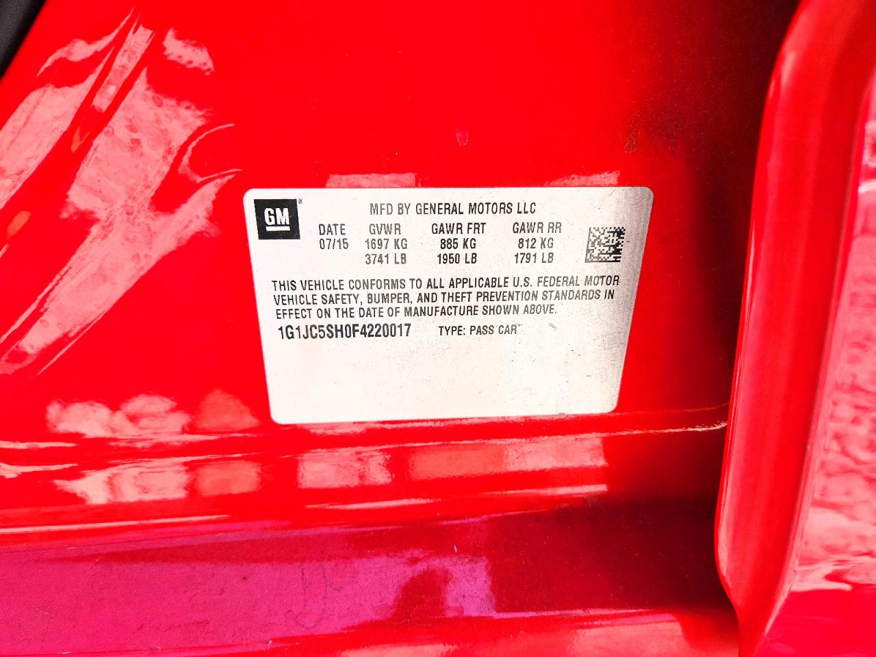 2015 Chevrolet Sonic Lt Red vin: 1G1JC5SH0F4220017