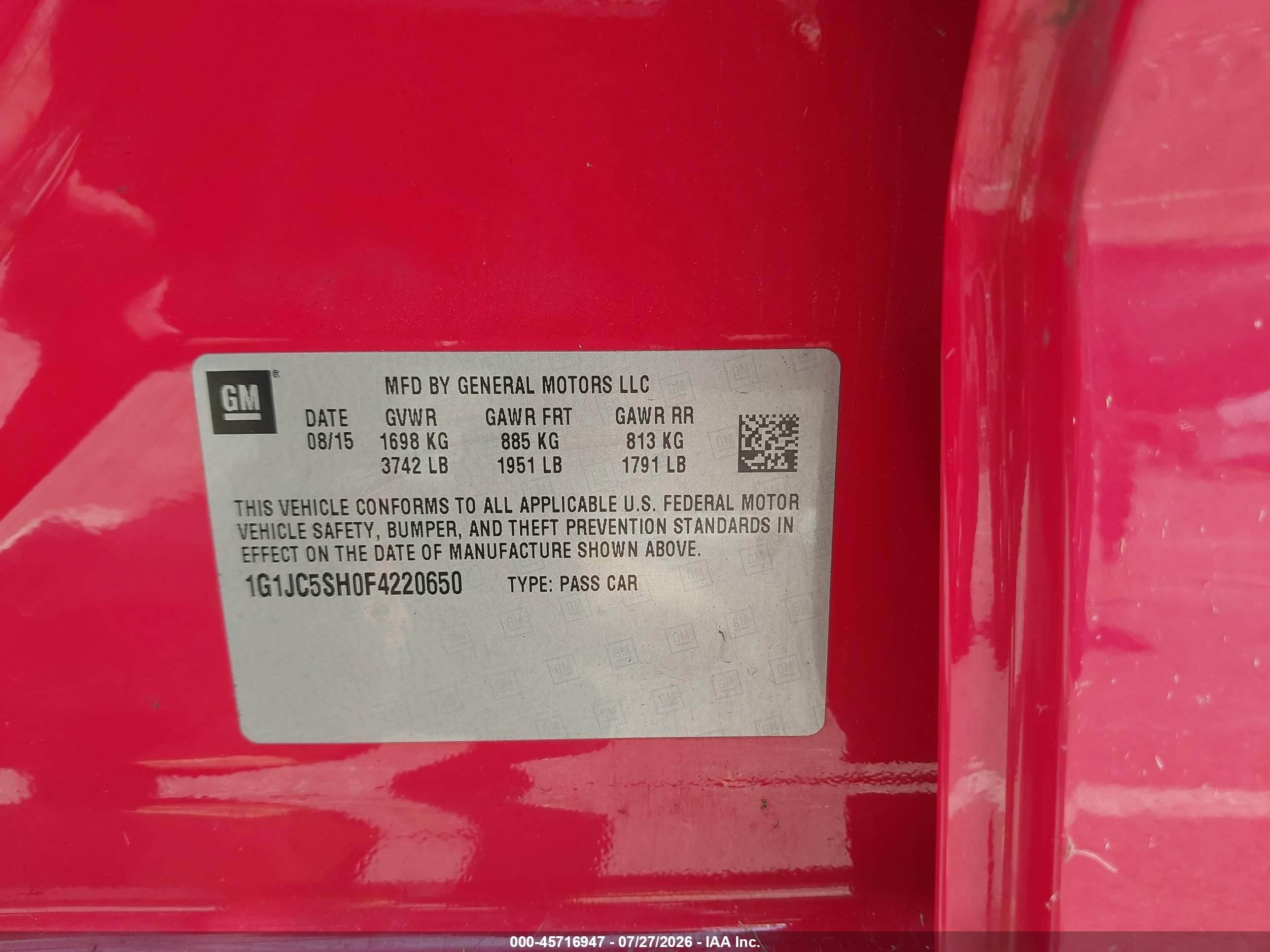 2015 Chevrolet Sonic Lt Auto Red vin: 1G1JC5SH0F4220650