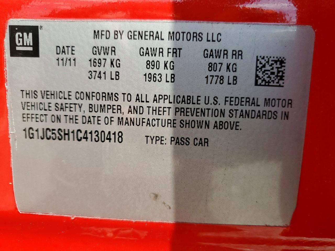2012 Chevrolet Sonic Lt Red vin: 1G1JC5SH1C4130418