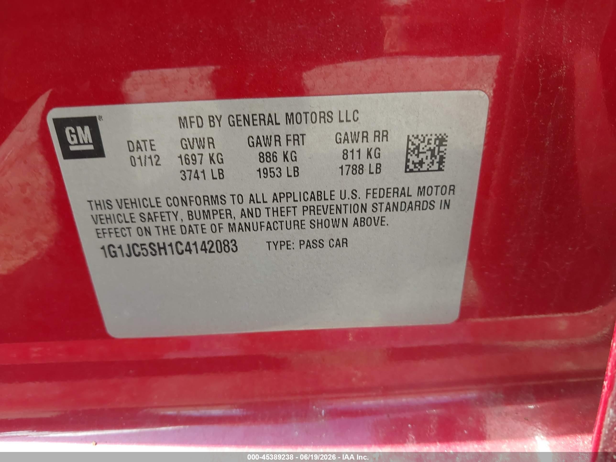 2012 Chevrolet Sonic 2lt Red vin: 1G1JC5SH1C4142083