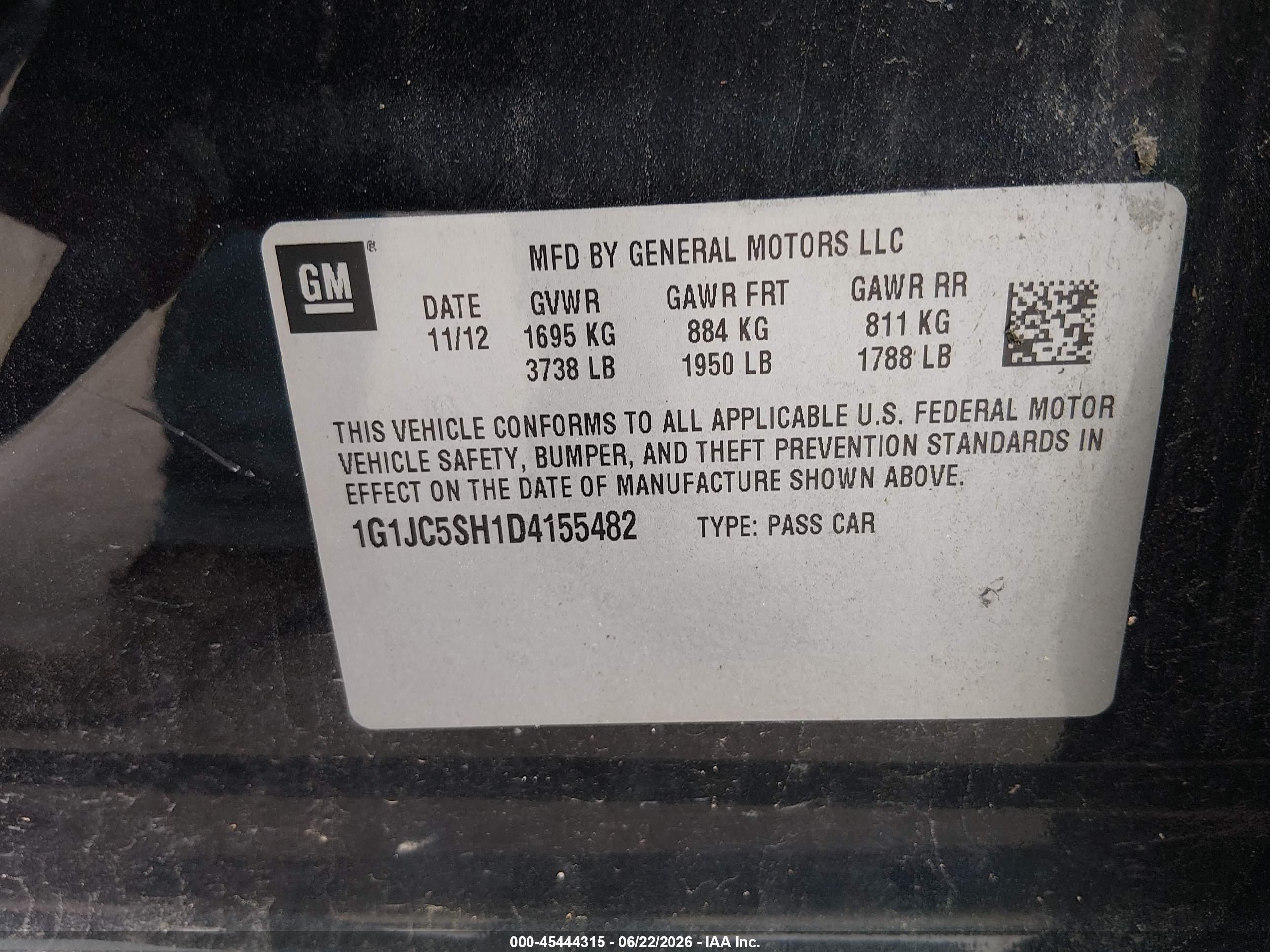 2013 Chevrolet Sonic Lt Auto Black vin: 1G1JC5SH1D4155482