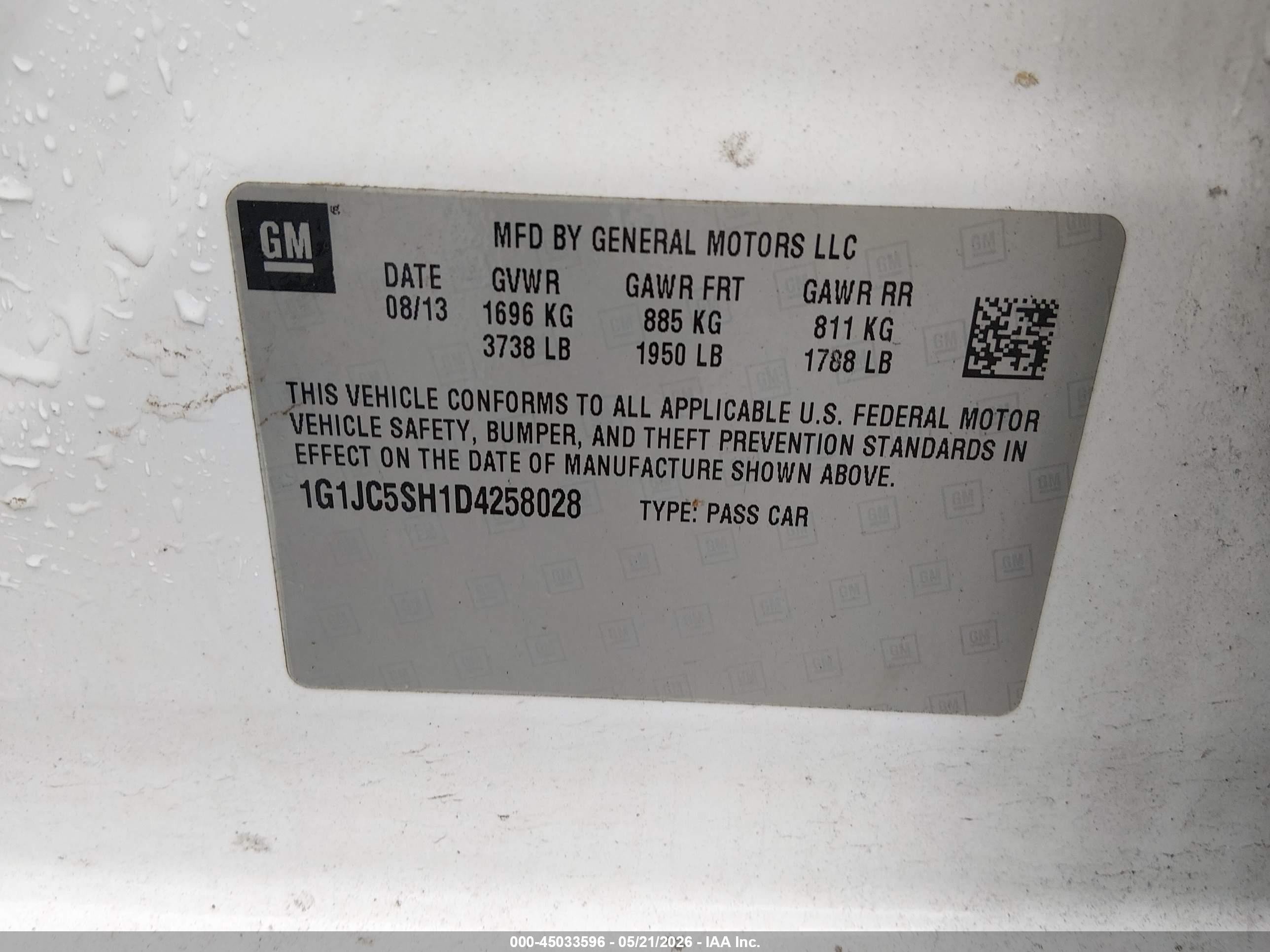 2013 Chevrolet Sonic Lt Auto White vin: 1G1JC5SH1D4258028
