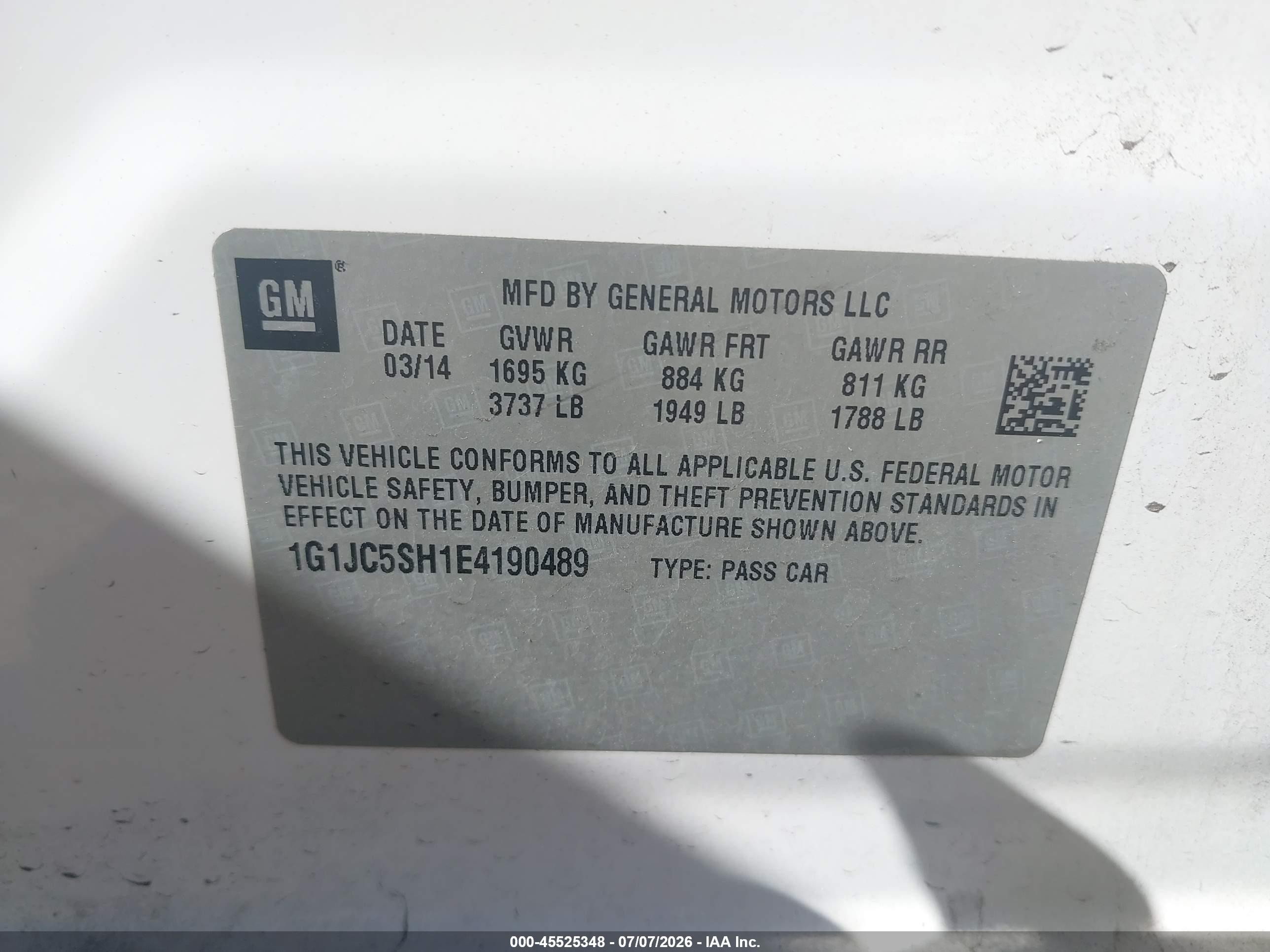 2014 Chevrolet Sonic Lt Auto White vin: 1G1JC5SH1E4190489