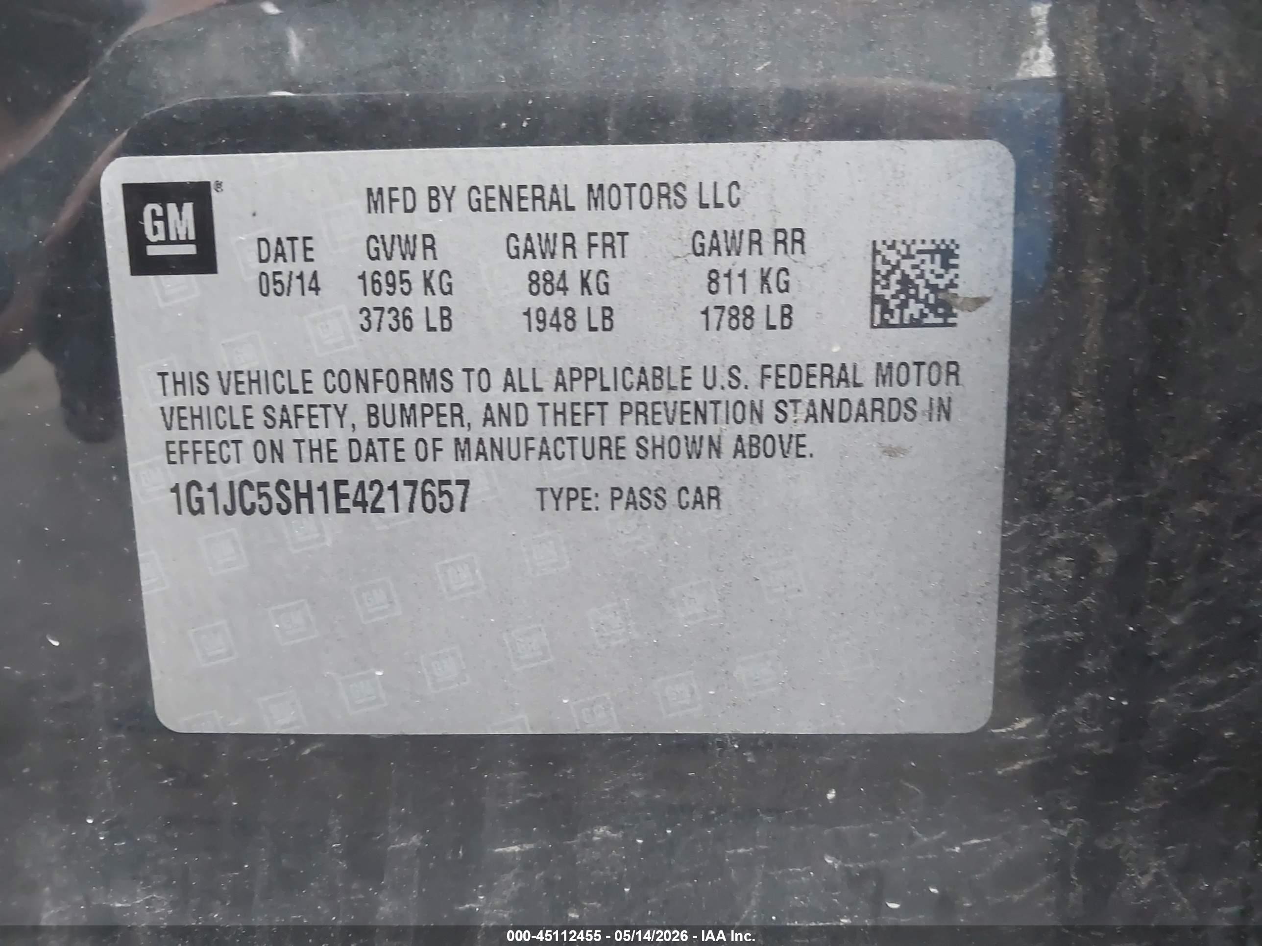2014 Chevrolet Sonic Lt Auto Gray vin: 1G1JC5SH1E4217657