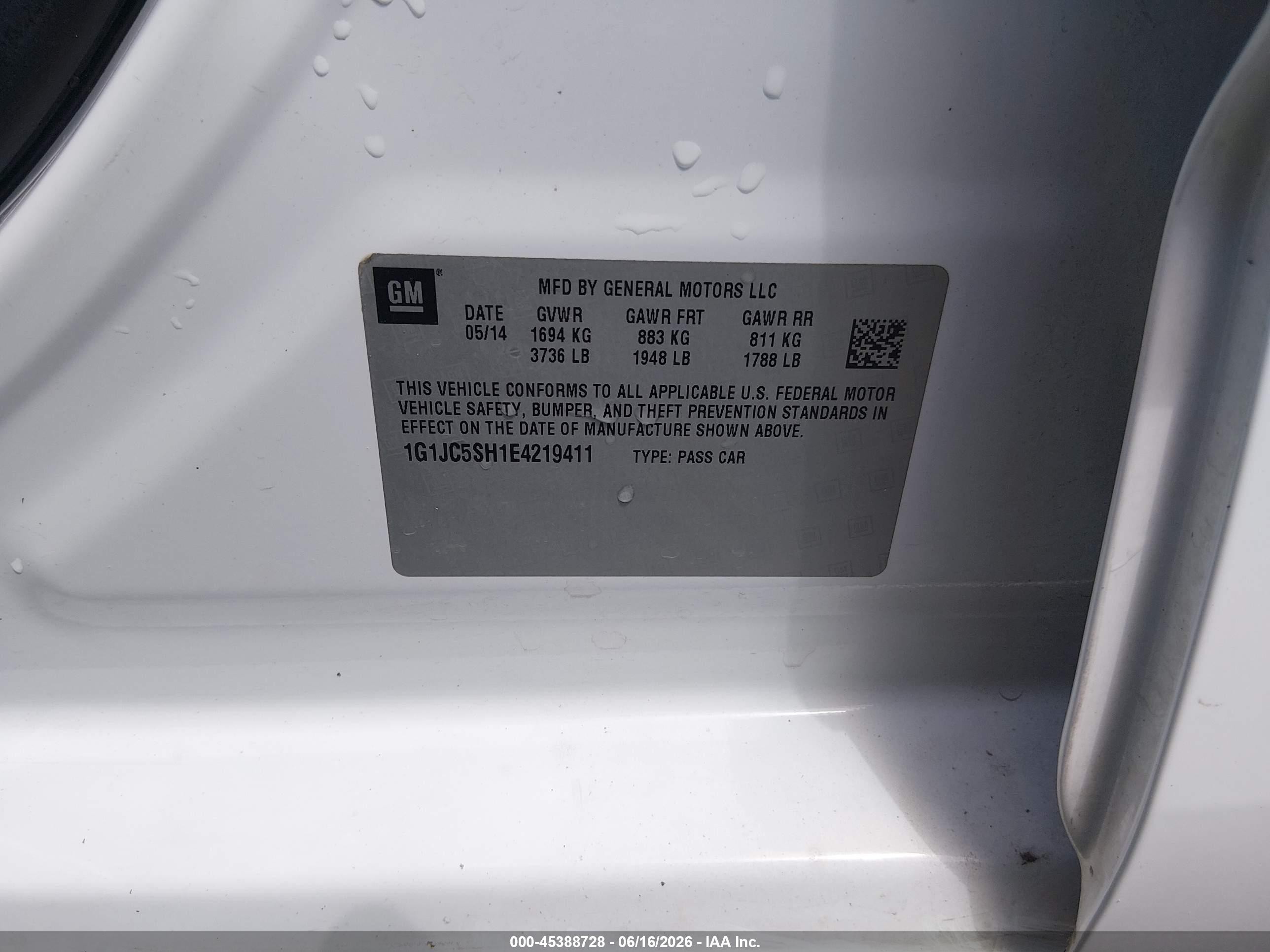 2014 Chevrolet Sonic Lt Auto White vin: 1G1JC5SH1E4219411