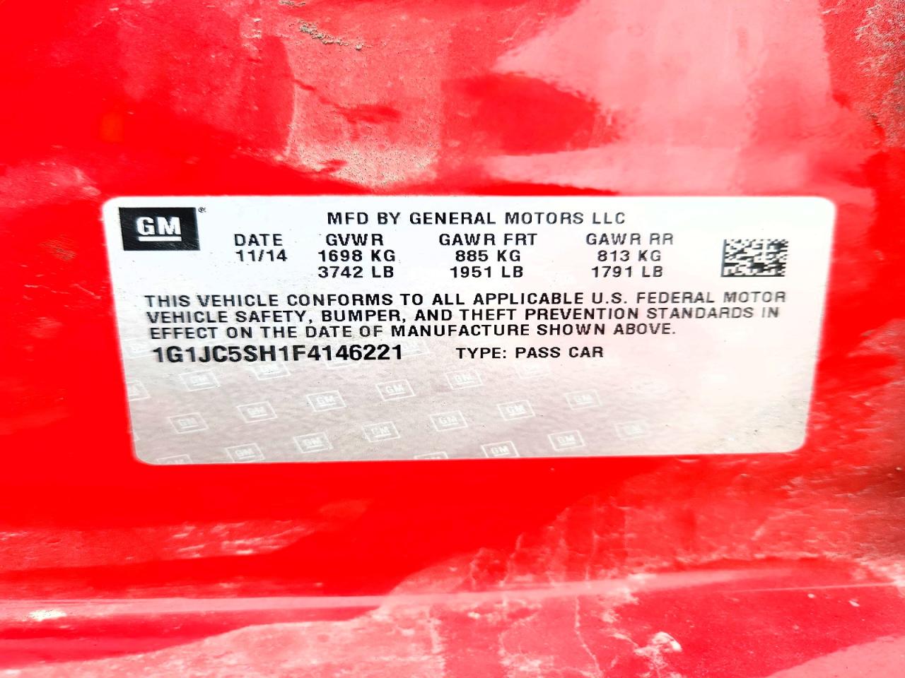 2015 Chevrolet Sonic Lt Red vin: 1G1JC5SH1F4146221