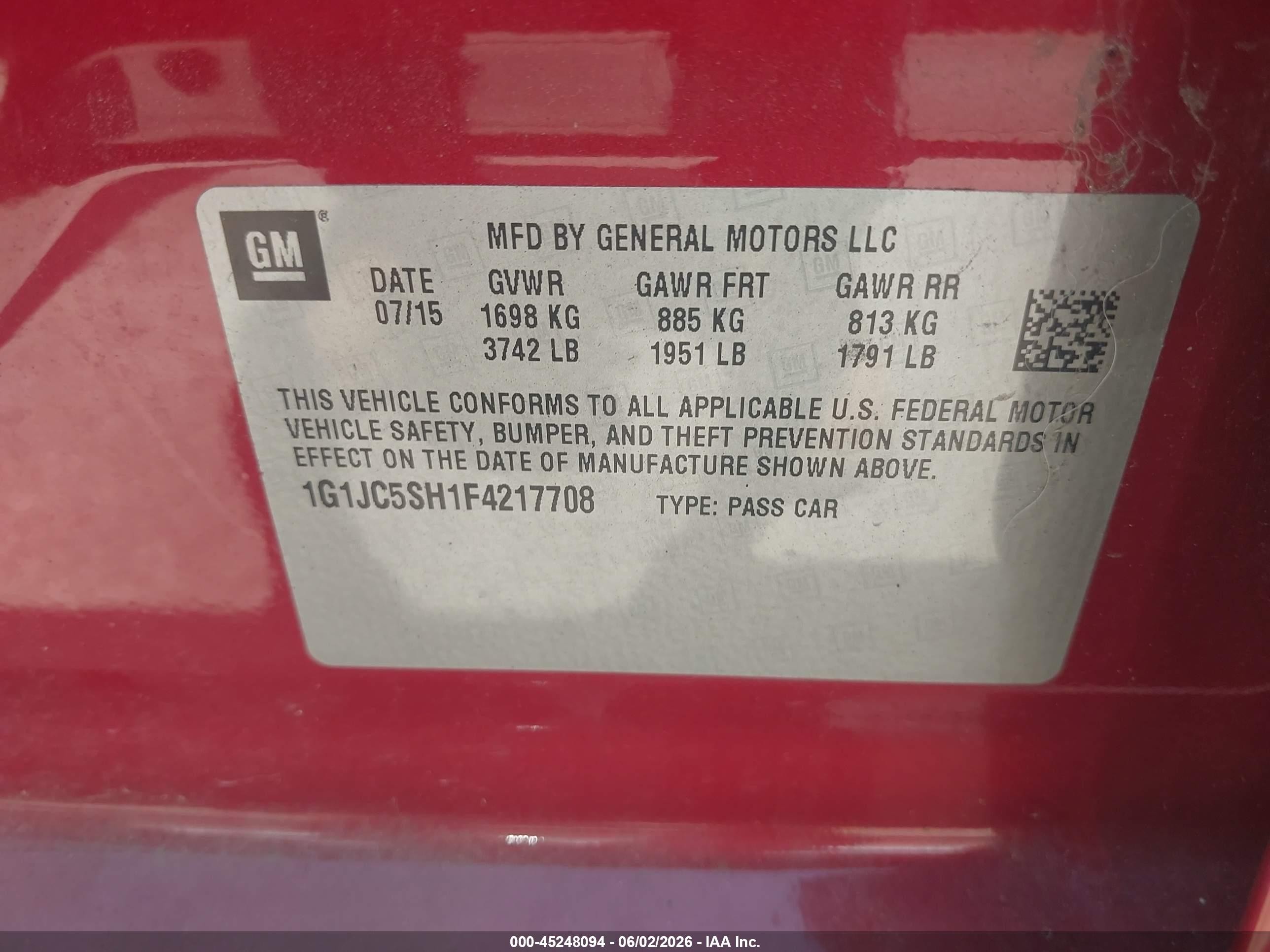 2015 Chevrolet Sonic Lt Auto Red vin: 1G1JC5SH1F4217708