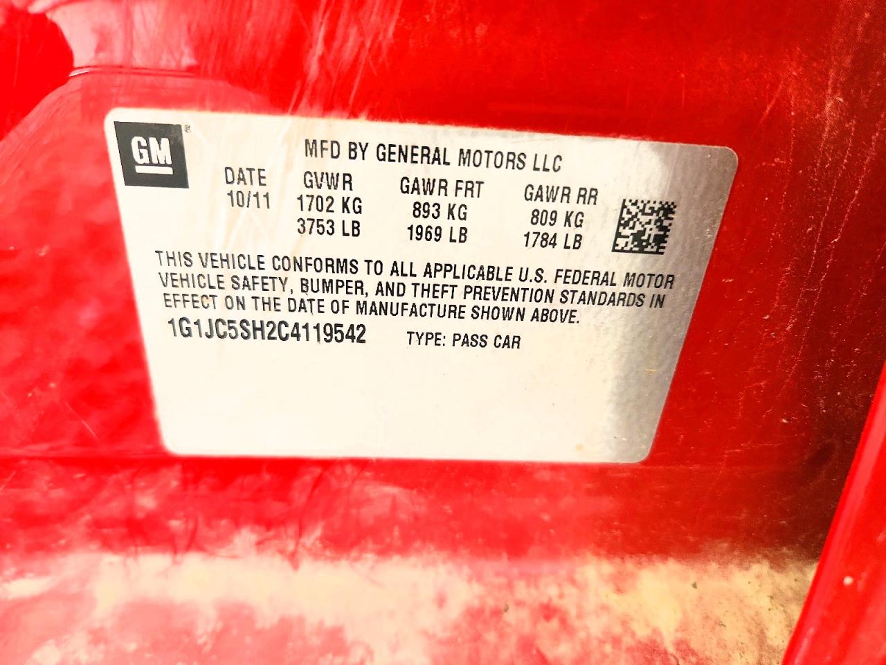 2012 Chevrolet Sonic Red vin: 1G1JC5SH2C4119542