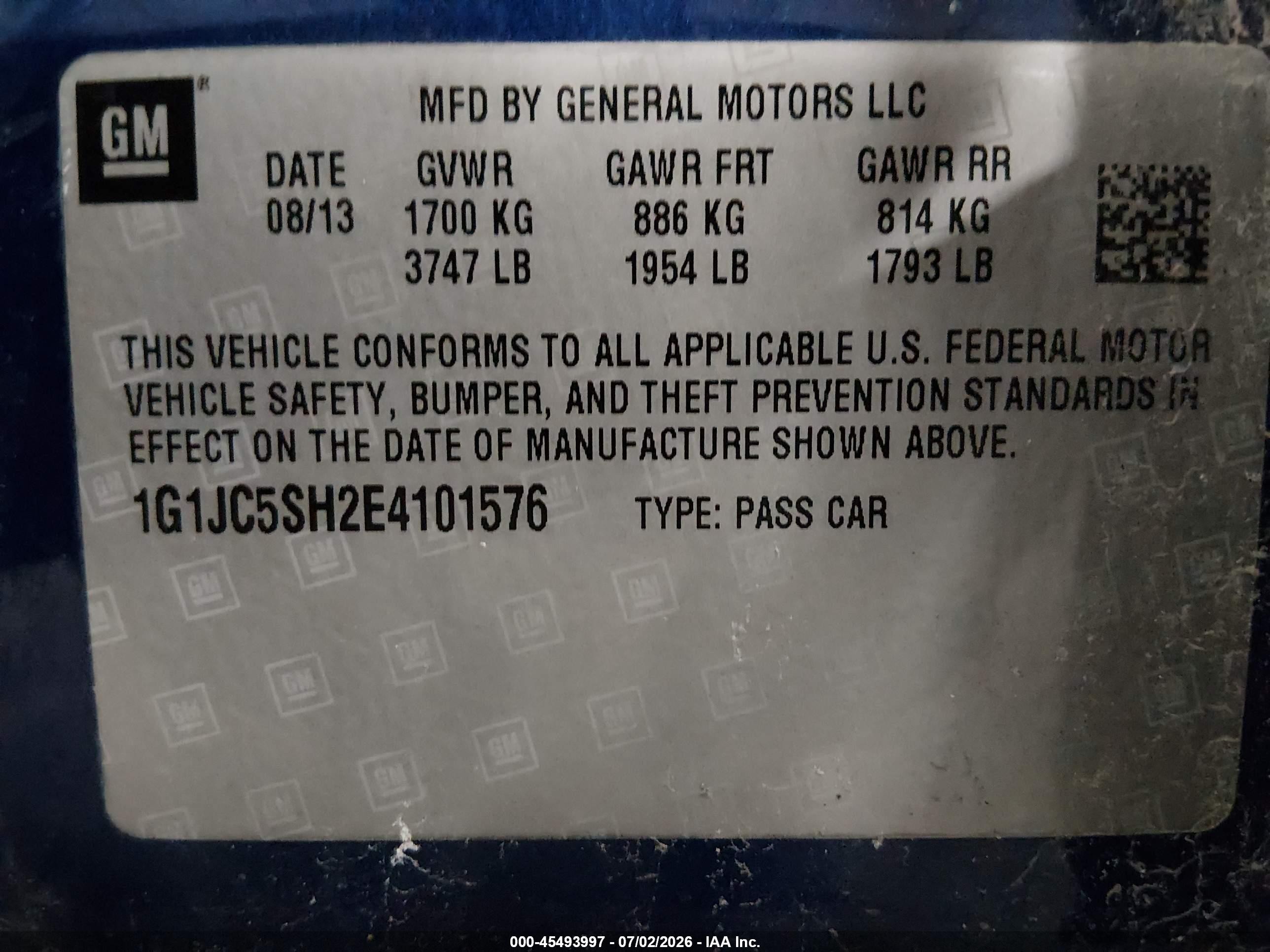 2014 Chevrolet Sonic Lt Auto Синий vin: 1G1JC5SH2E4101576