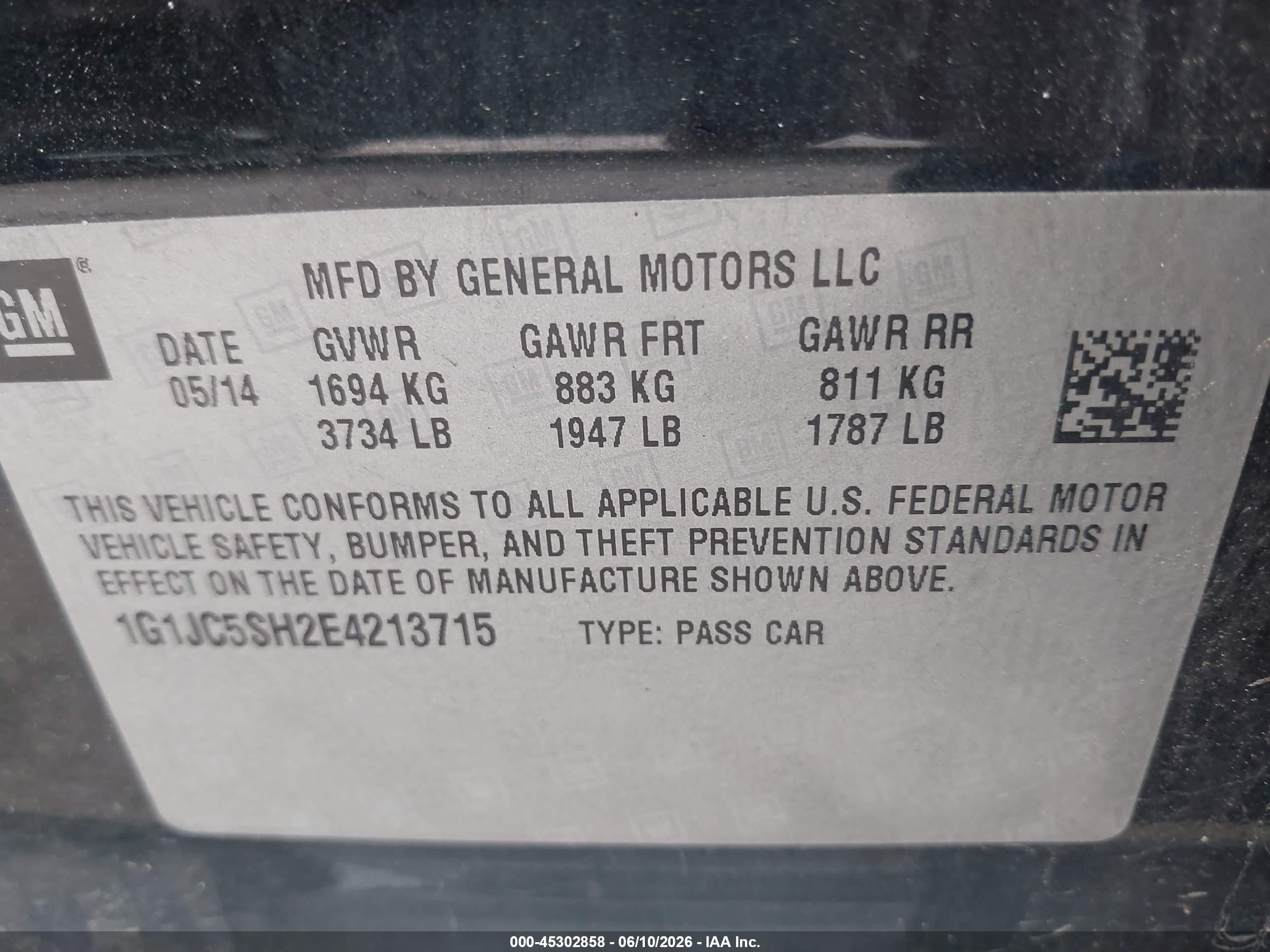 2014 Chevrolet Sonic Lt Auto Black vin: 1G1JC5SH2E4213715