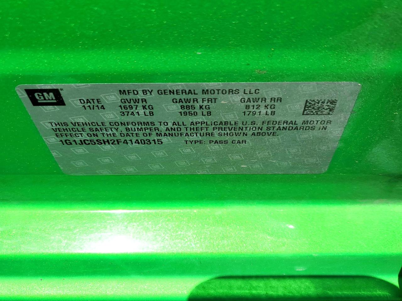 2015 Chevrolet Sonic Lt Green vin: 1G1JC5SH2F4140315