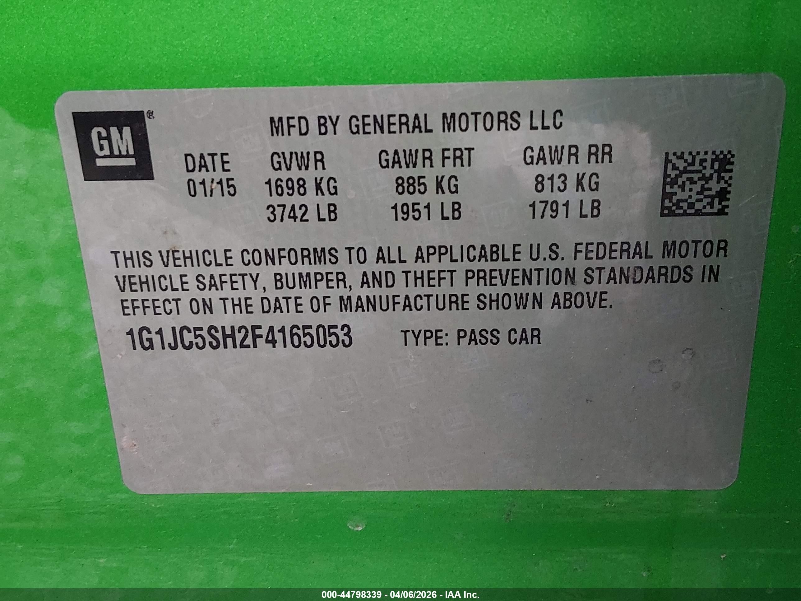 2015 Chevrolet Sonic Lt Auto Green vin: 1G1JC5SH2F4165053