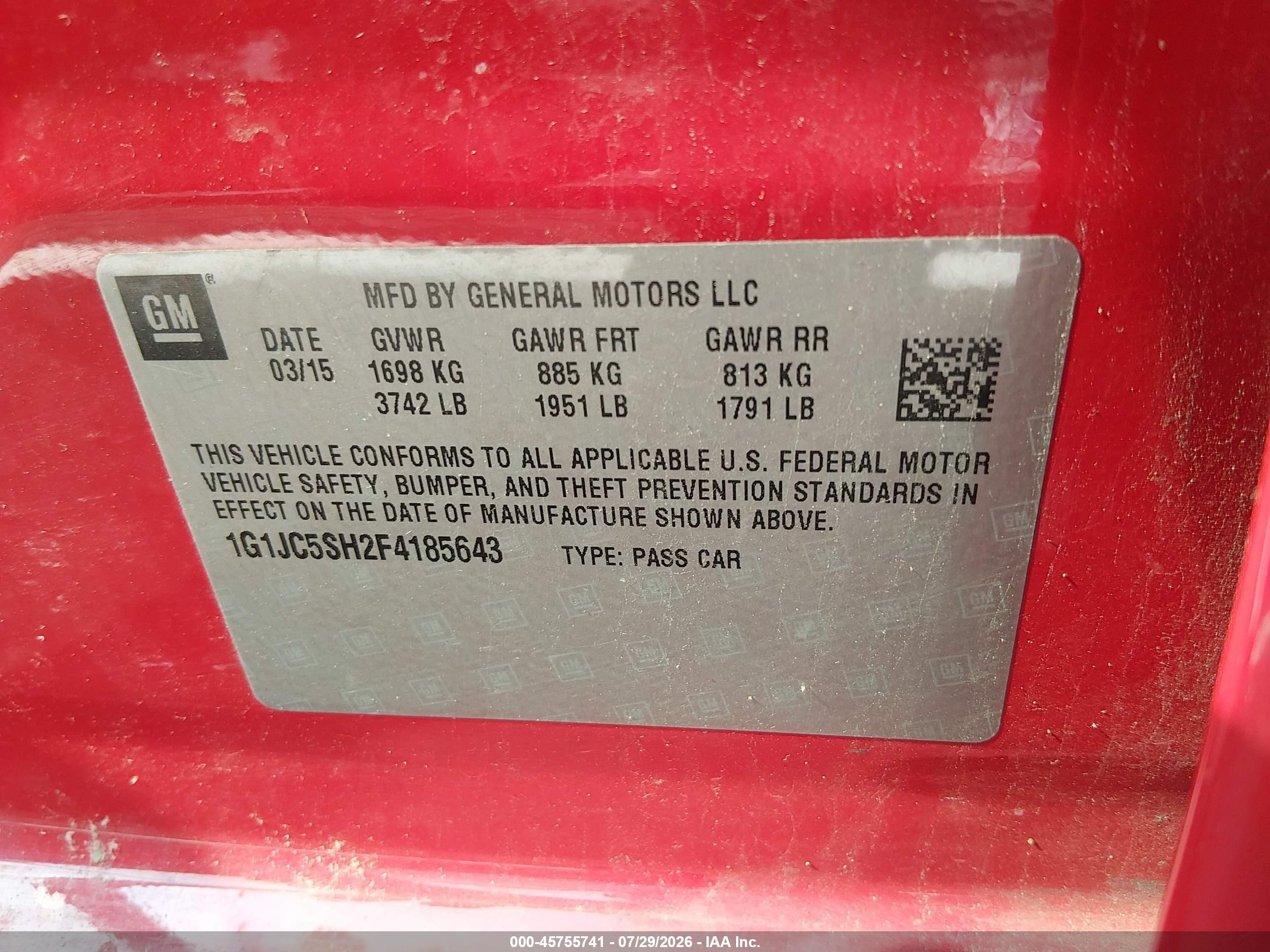 2015 Chevrolet Sonic Lt Auto Red vin: 1G1JC5SH2F4185643