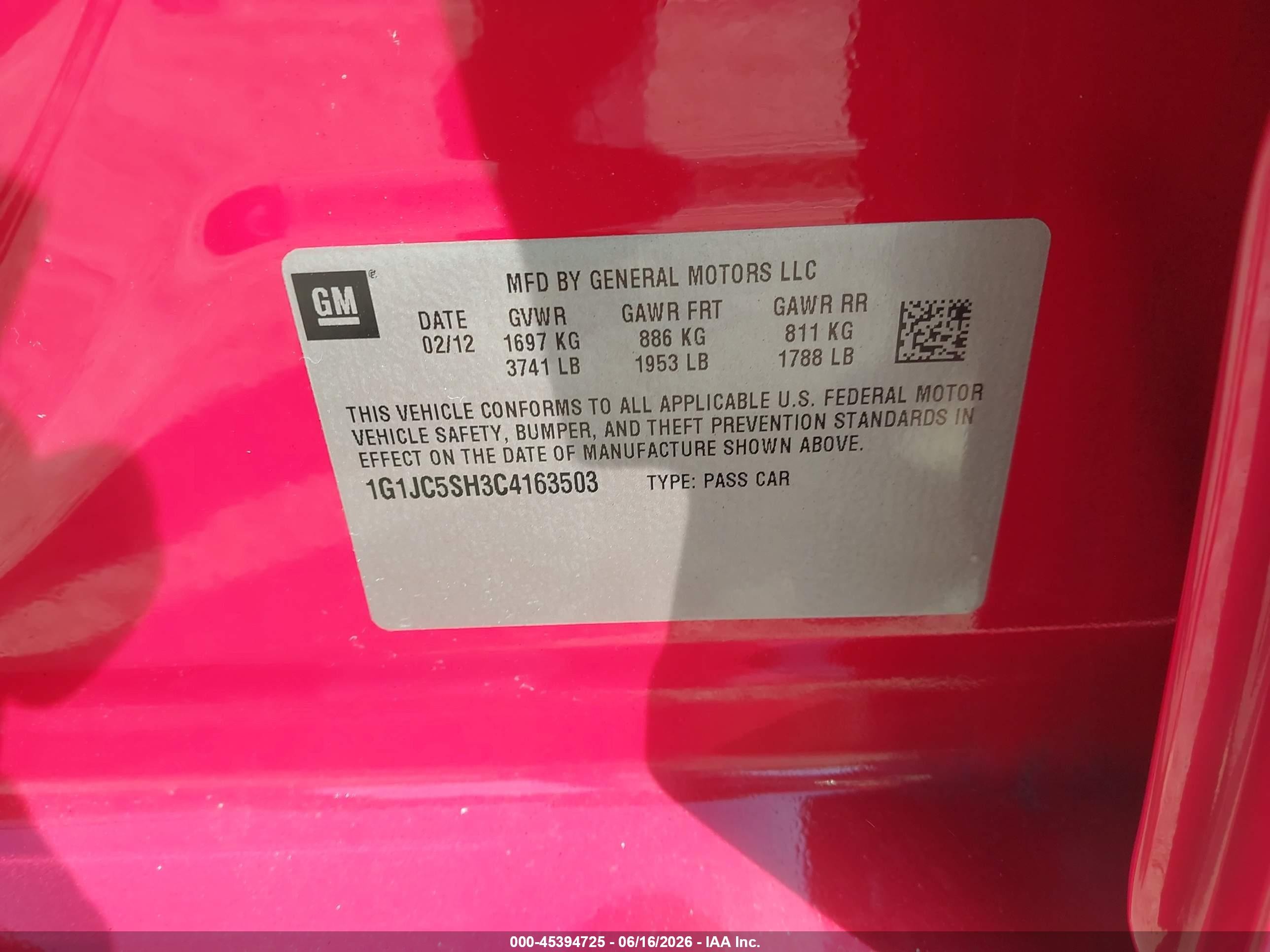 2012 Chevrolet Sonic 2lt Красный vin: 1G1JC5SH3C4163503