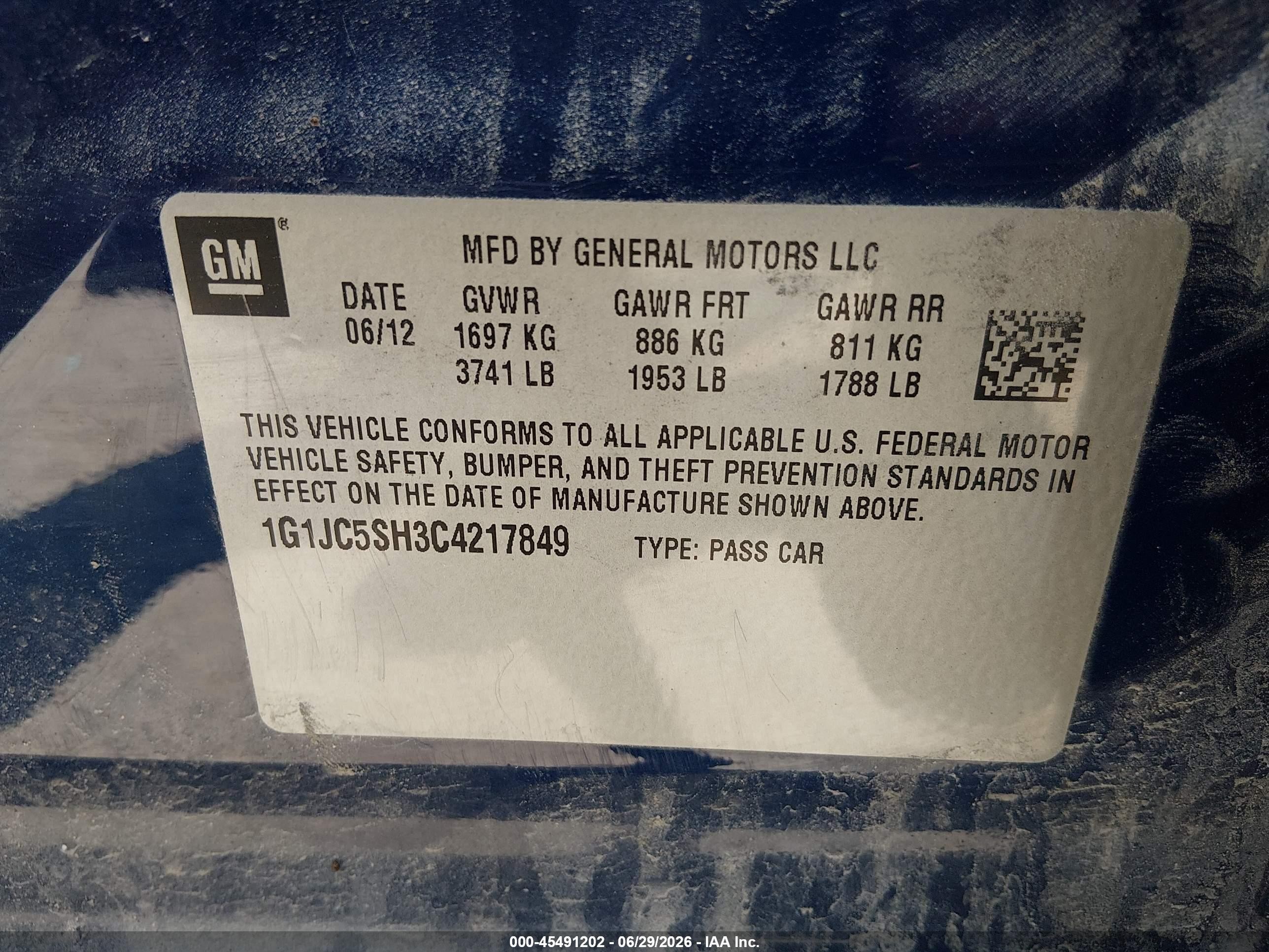 2012 Chevrolet Sonic 2lt Blue vin: 1G1JC5SH3C4217849