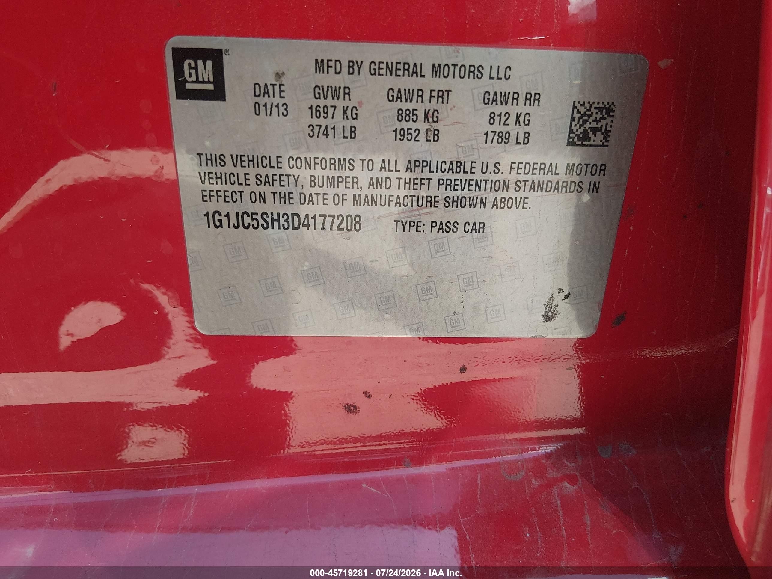 2013 Chevrolet Sonic Lt Auto Red vin: 1G1JC5SH3D4177208