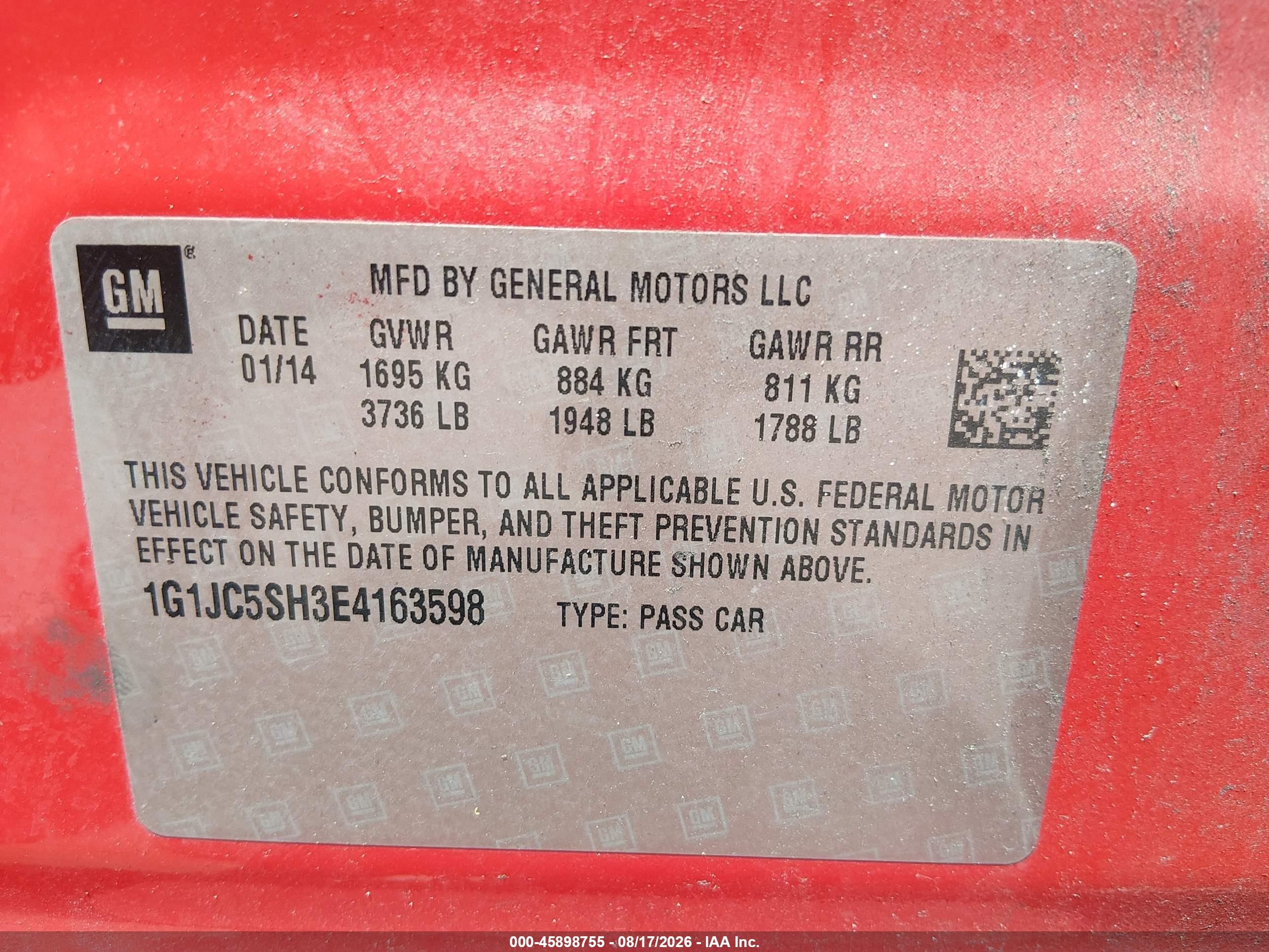 2014 Chevrolet Sonic Lt Auto Red vin: 1G1JC5SH3E4163598
