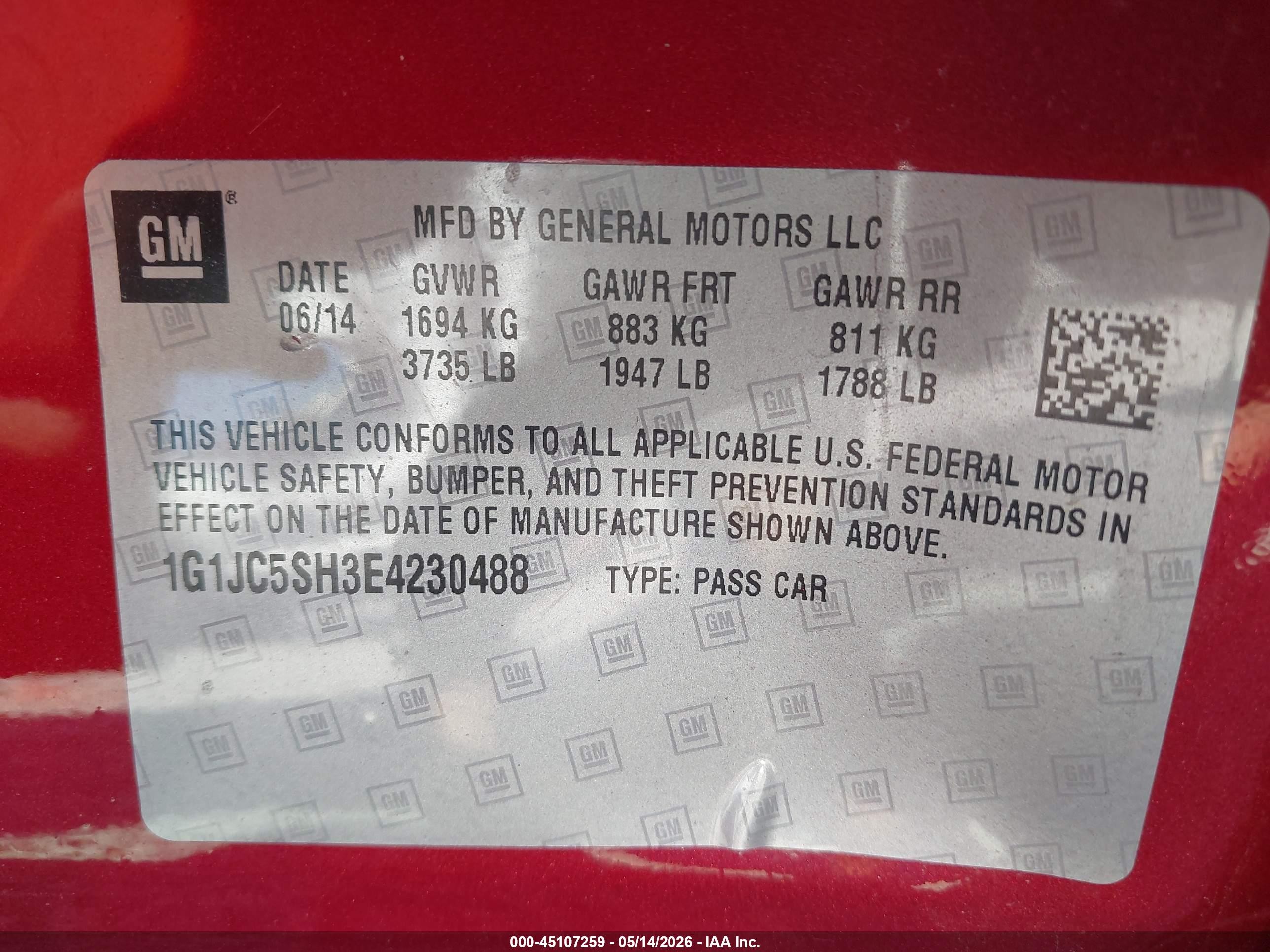 2014 Chevrolet Sonic Lt Auto Red vin: 1G1JC5SH3E4230488
