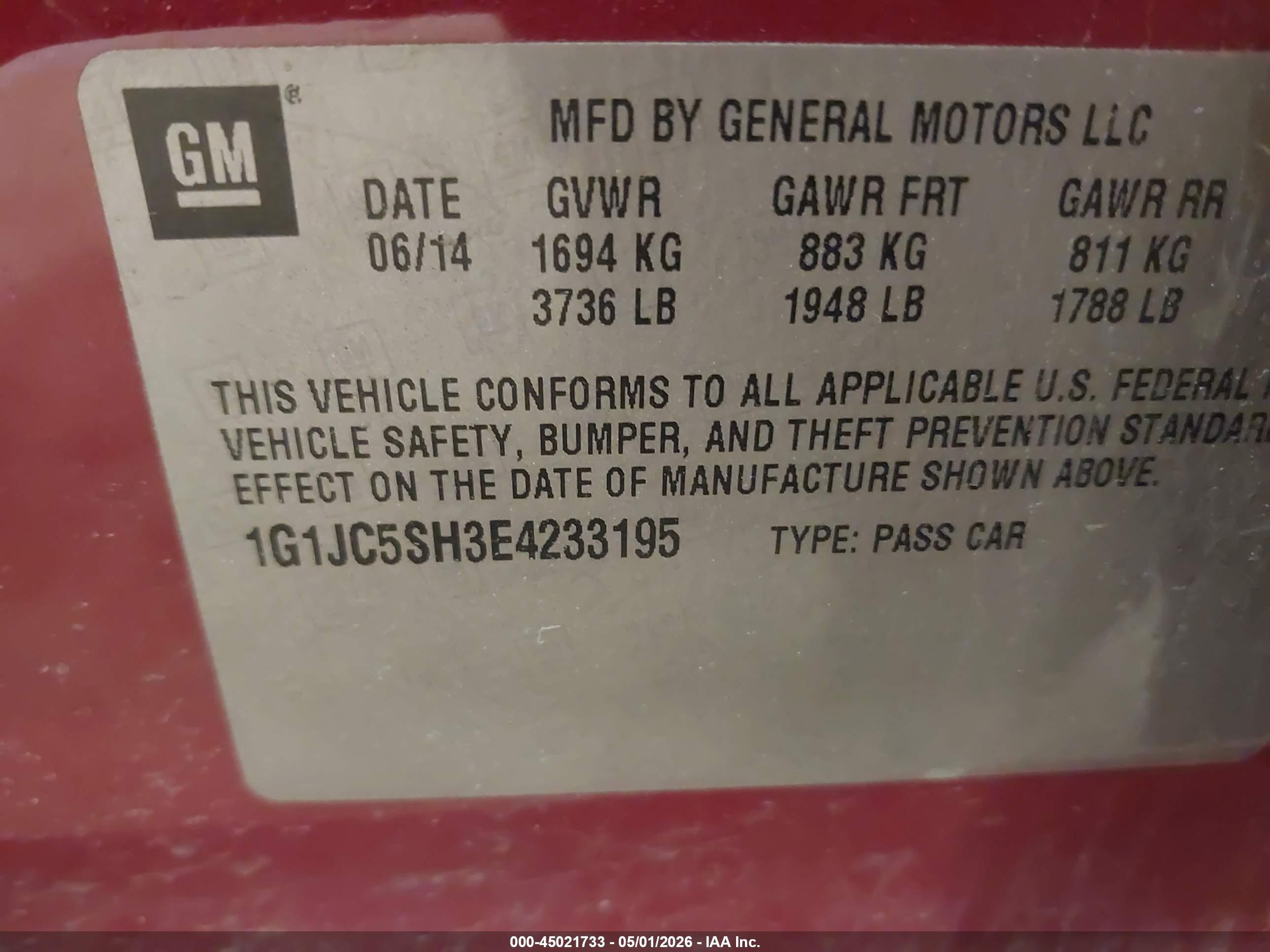 2014 Chevrolet Sonic Lt Auto Red vin: 1G1JC5SH3E4233195