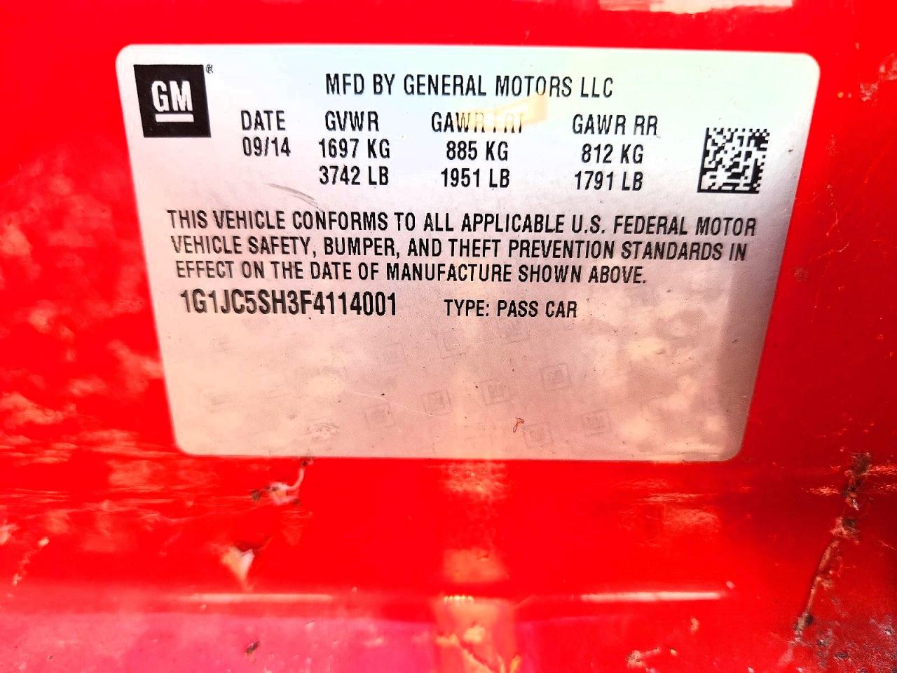 2015 Chevrolet Sonic Lt Red vin: 1G1JC5SH3F4114001