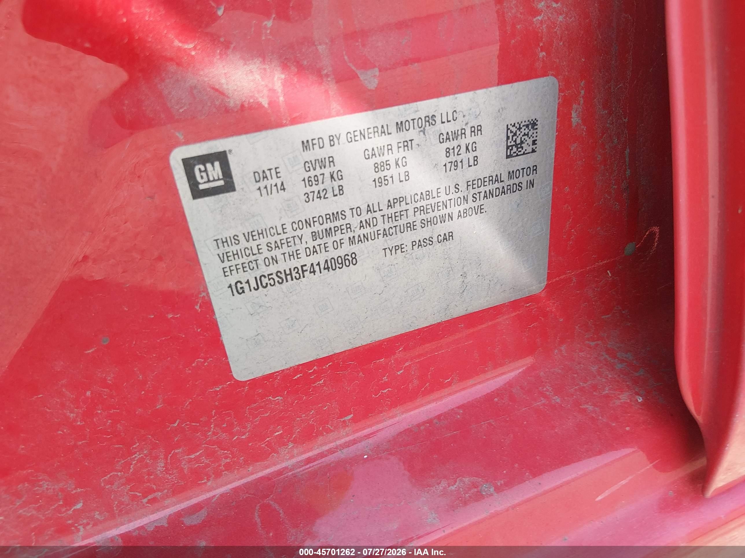 2015 Chevrolet Sonic Lt Auto Red vin: 1G1JC5SH3F4140968