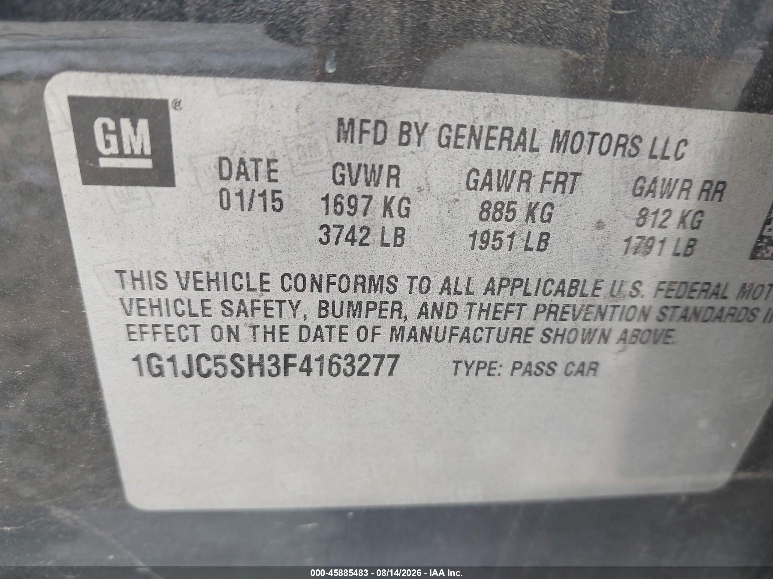 2015 Chevrolet Sonic Lt Auto Gray vin: 1G1JC5SH3F4163277