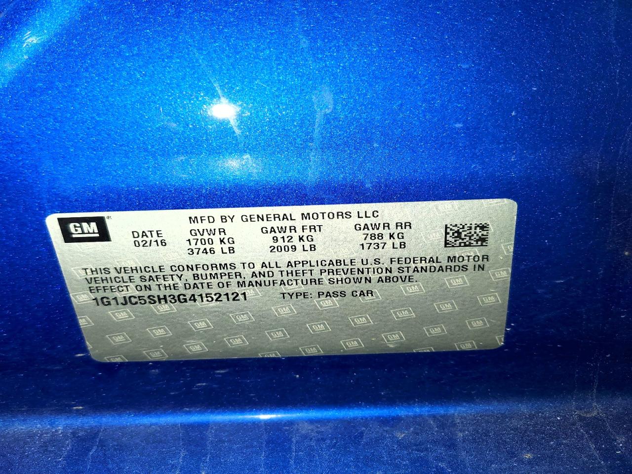 2016 Chevrolet Sonic Lt Blue vin: 1G1JC5SH3G4152121