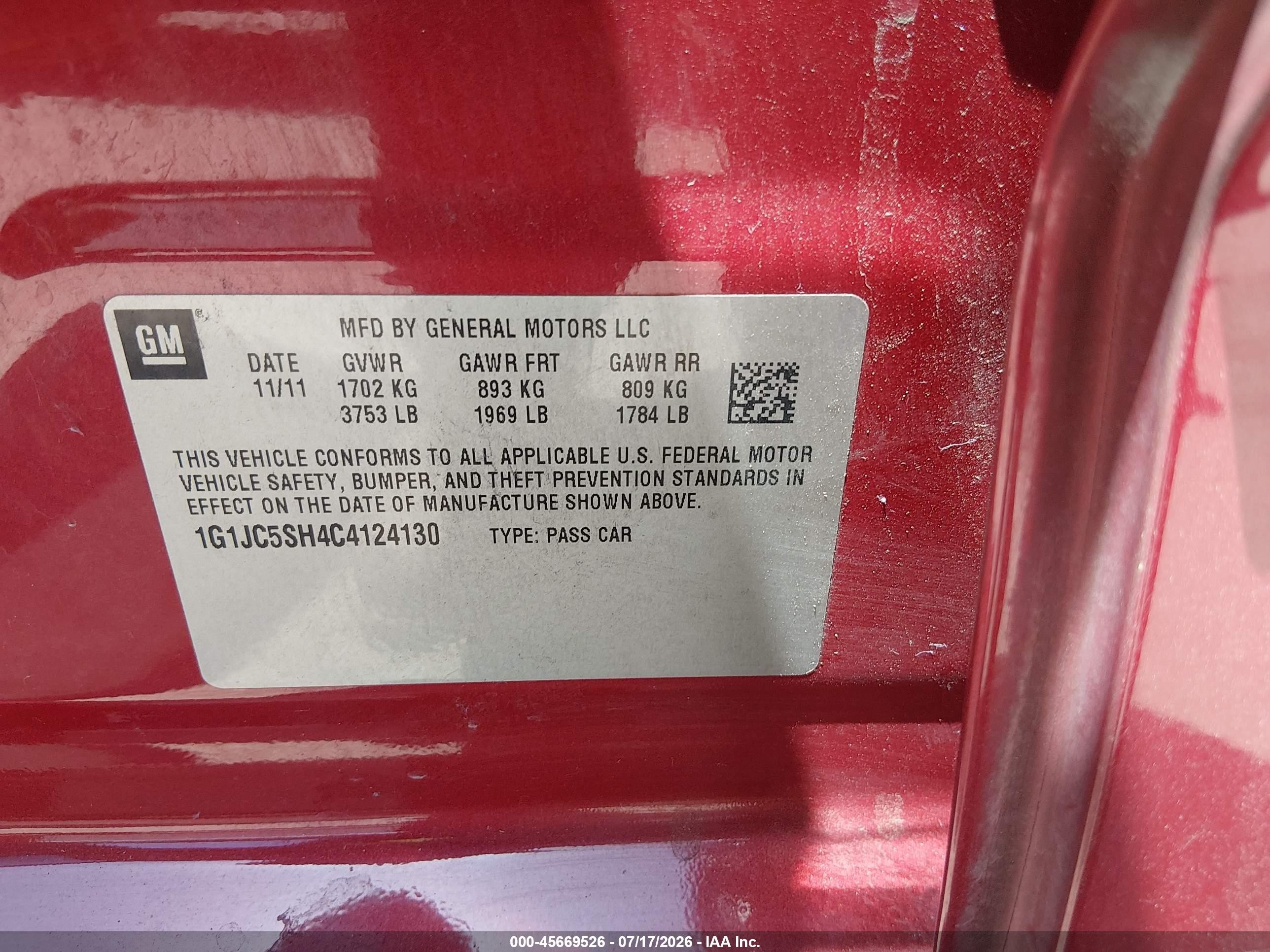 2012 Chevrolet Sonic 2lt Red vin: 1G1JC5SH4C4124130