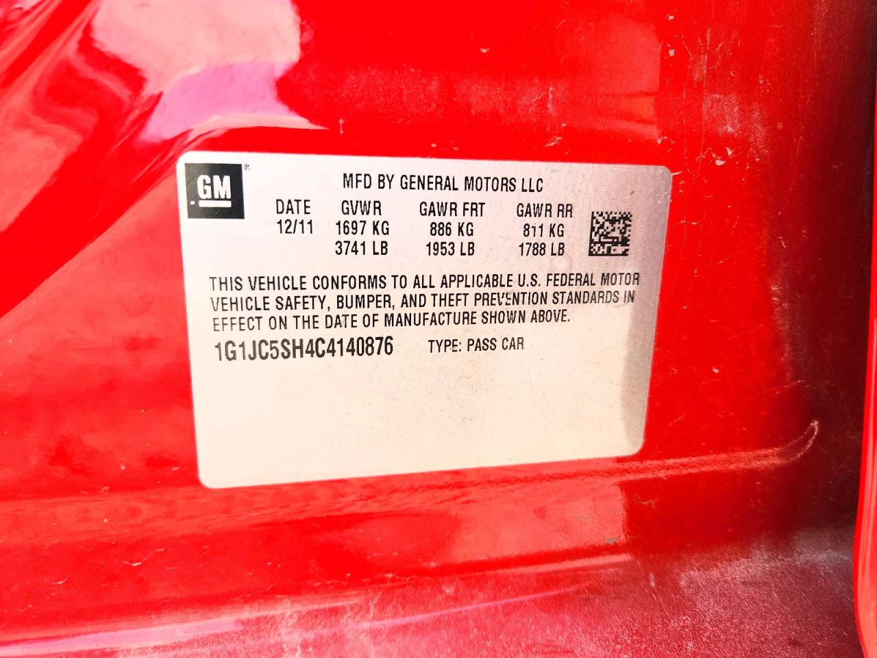 2012 Chevrolet Sonic Lt Red vin: 1G1JC5SH4C4140876