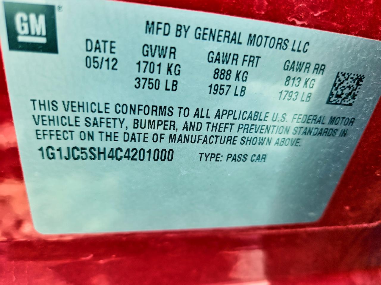 2012 Chevrolet Sonic Lt Красный vin: 1G1JC5SH4C4201000