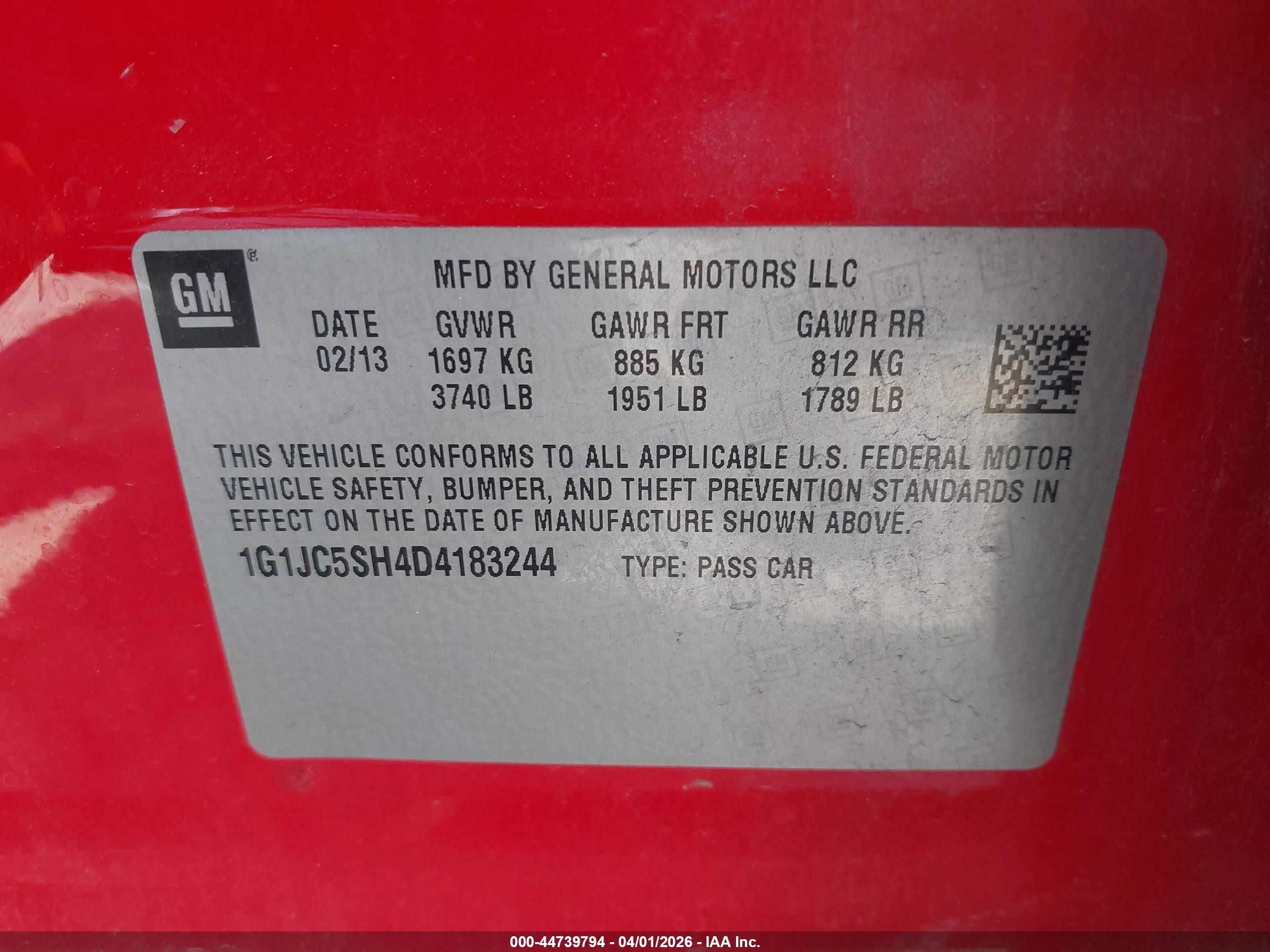2013 Chevrolet Sonic Lt Auto Red vin: 1G1JC5SH4D4183244