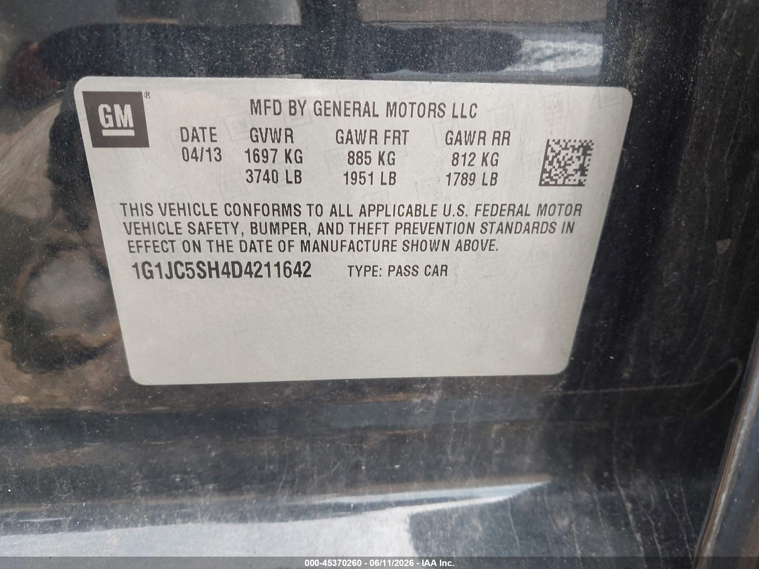 2013 Chevrolet Sonic Lt Auto Black vin: 1G1JC5SH4D4211642
