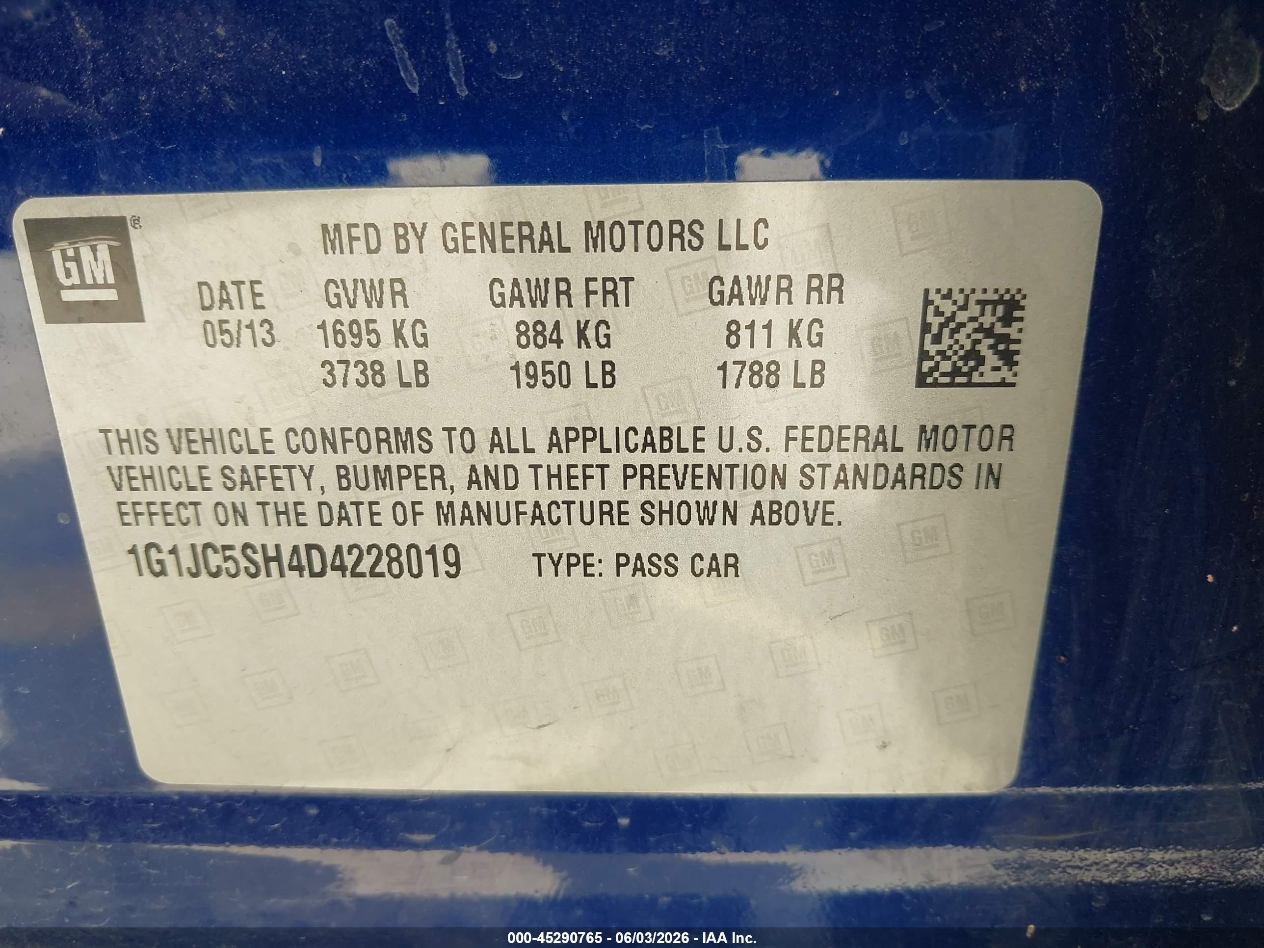 2013 Chevrolet Sonic Lt Auto Blue vin: 1G1JC5SH4D4228019