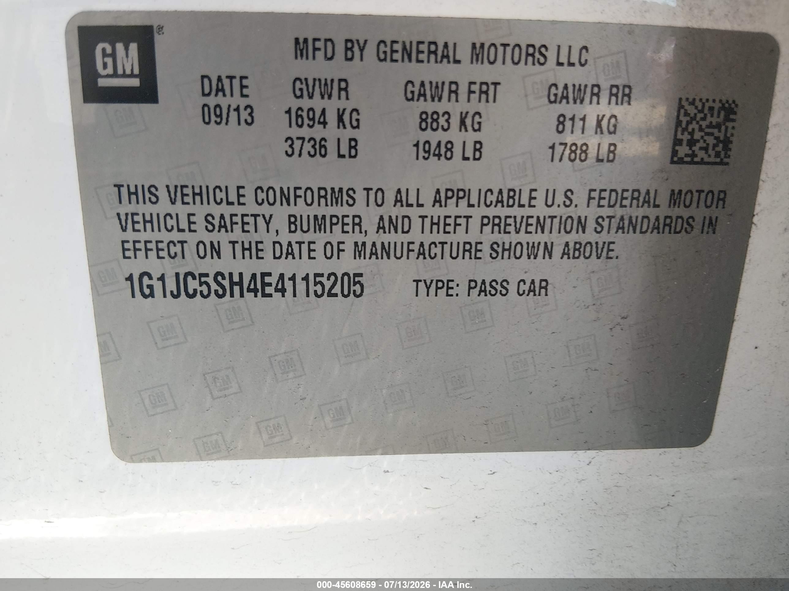 2014 Chevrolet Sonic Lt Auto Белый vin: 1G1JC5SH4E4115205