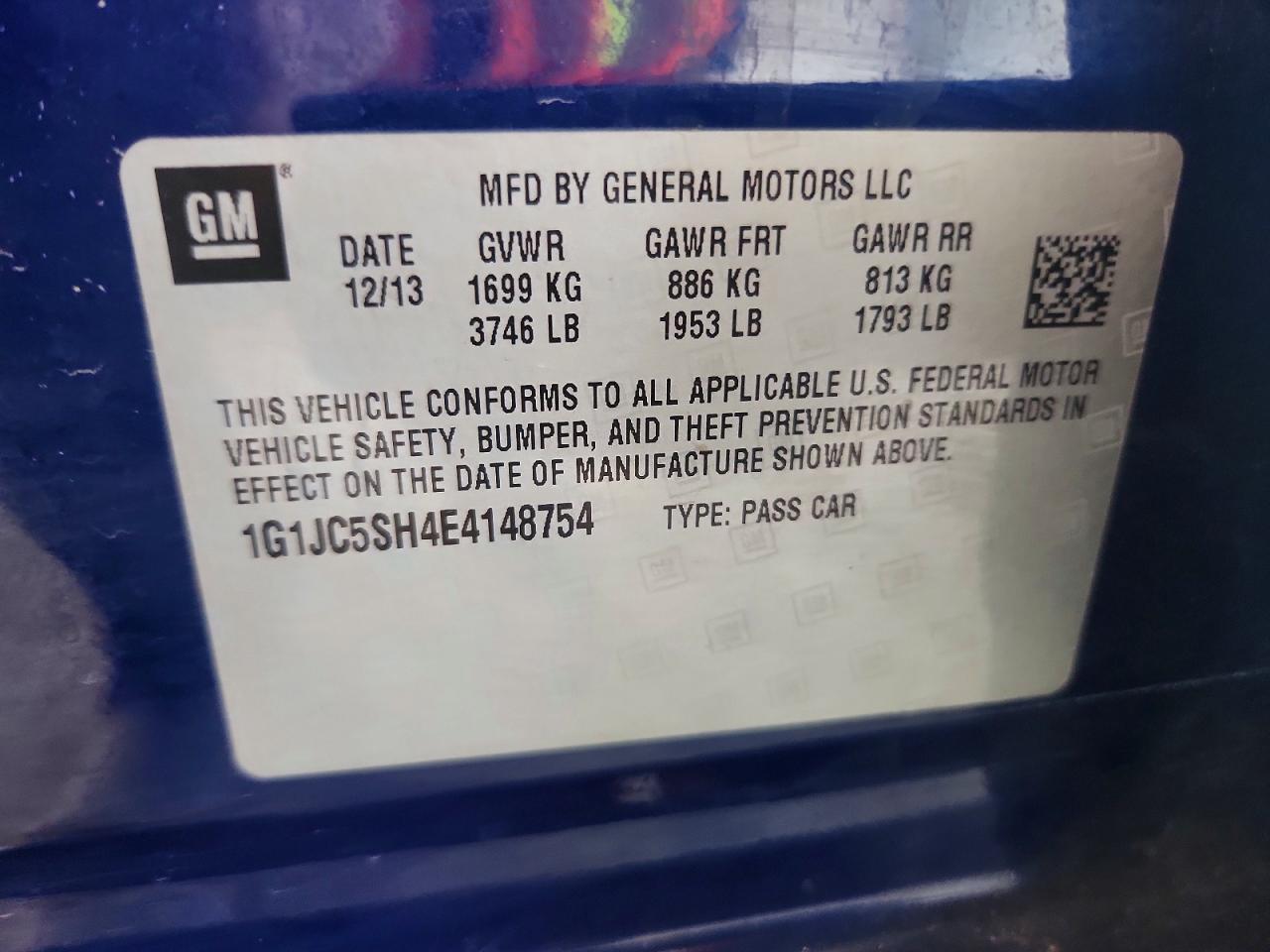 2014 Chevrolet Sonic Lt Blue vin: 1G1JC5SH4E4148754