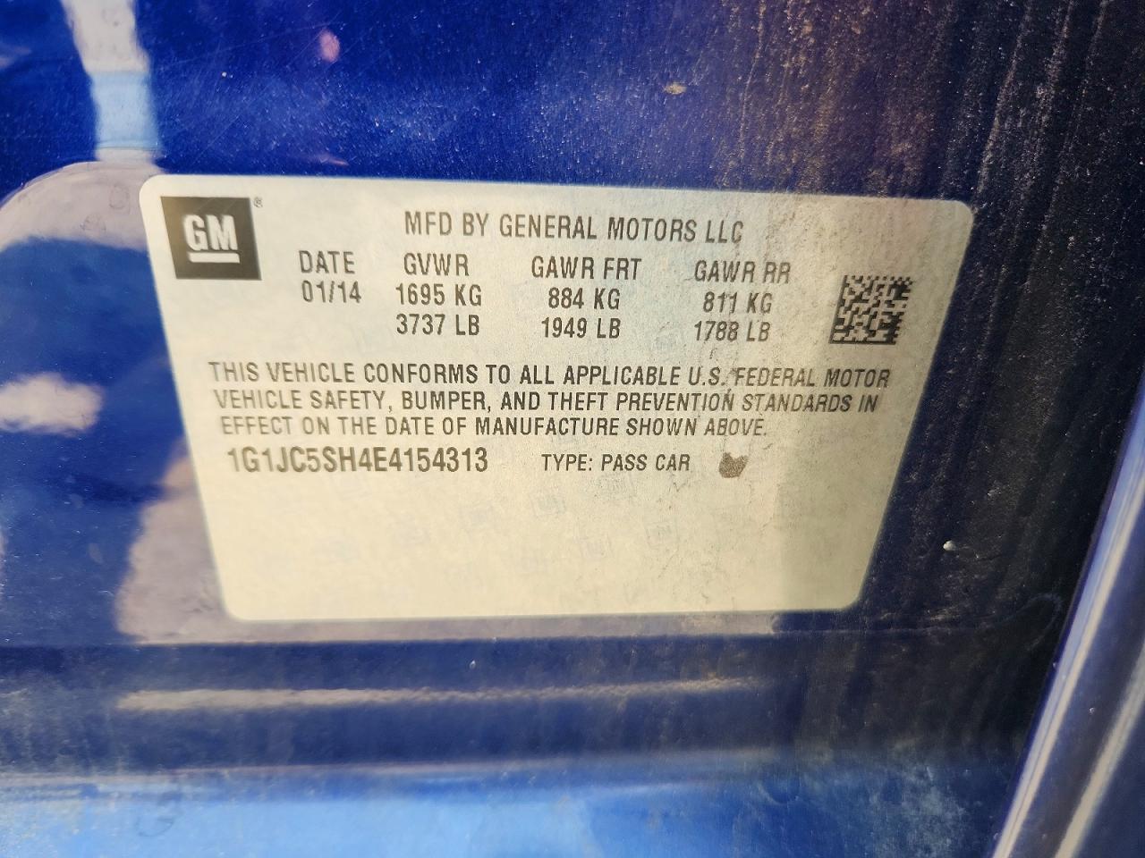 2014 Chevrolet Sonic Lt Blue vin: 1G1JC5SH4E4154313