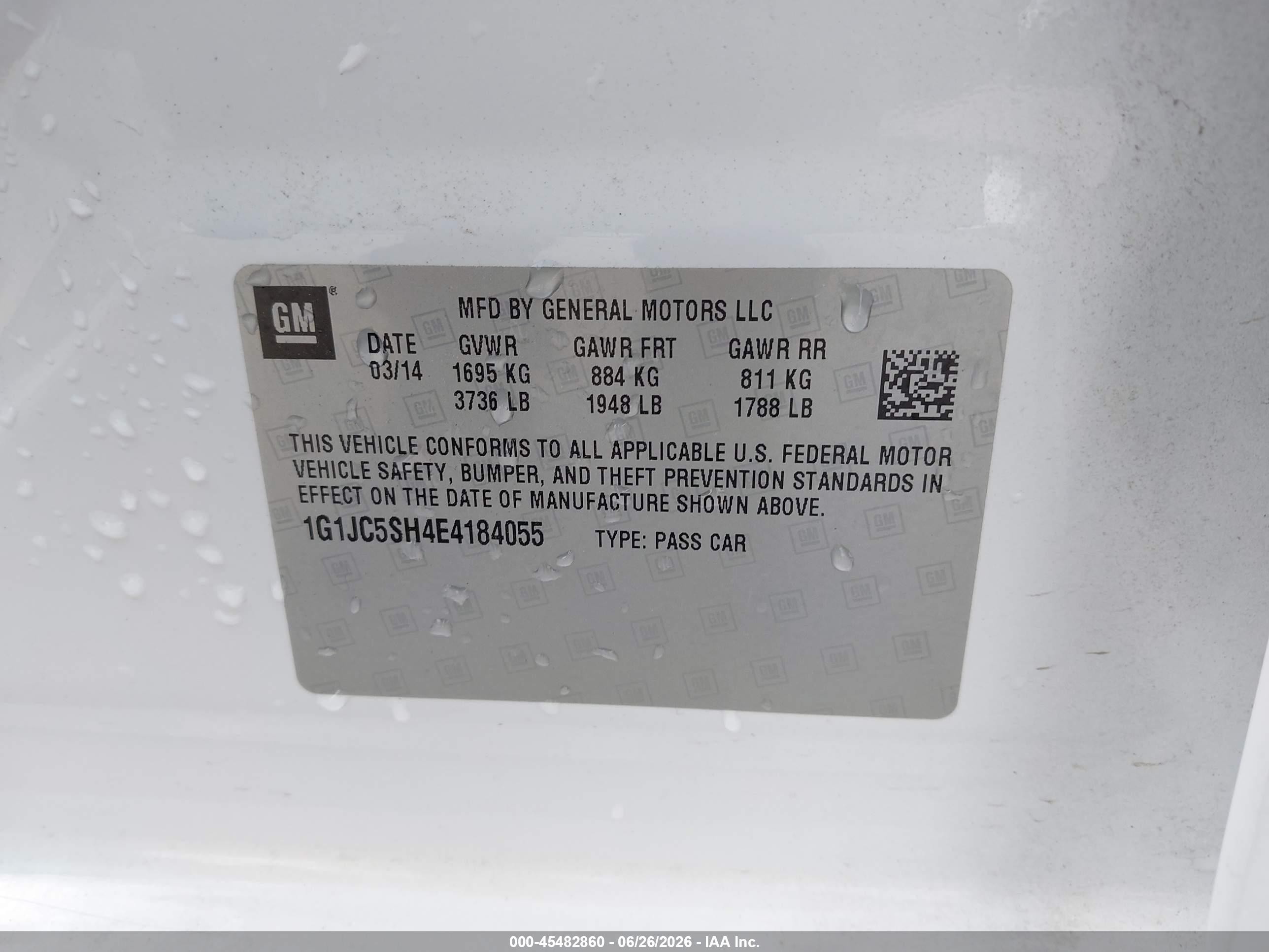 2014 Chevrolet Sonic Lt Auto White vin: 1G1JC5SH4E4184055