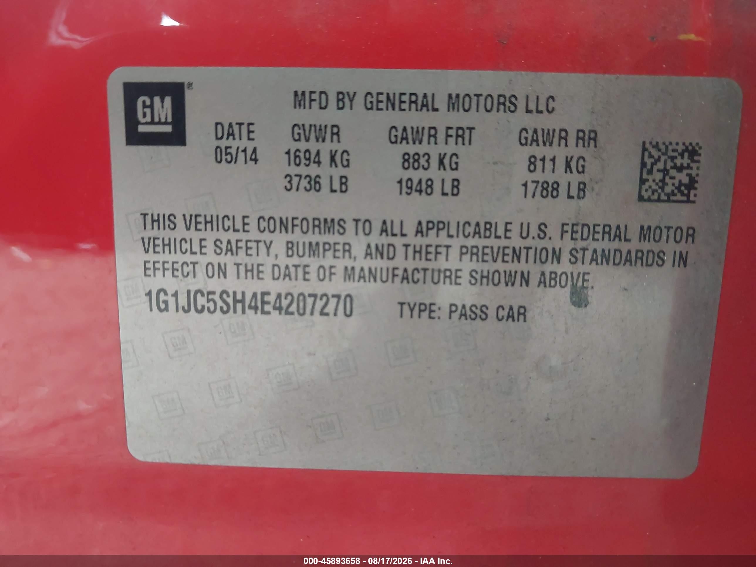 2014 Chevrolet Sonic Lt Auto Red vin: 1G1JC5SH4E4207270
