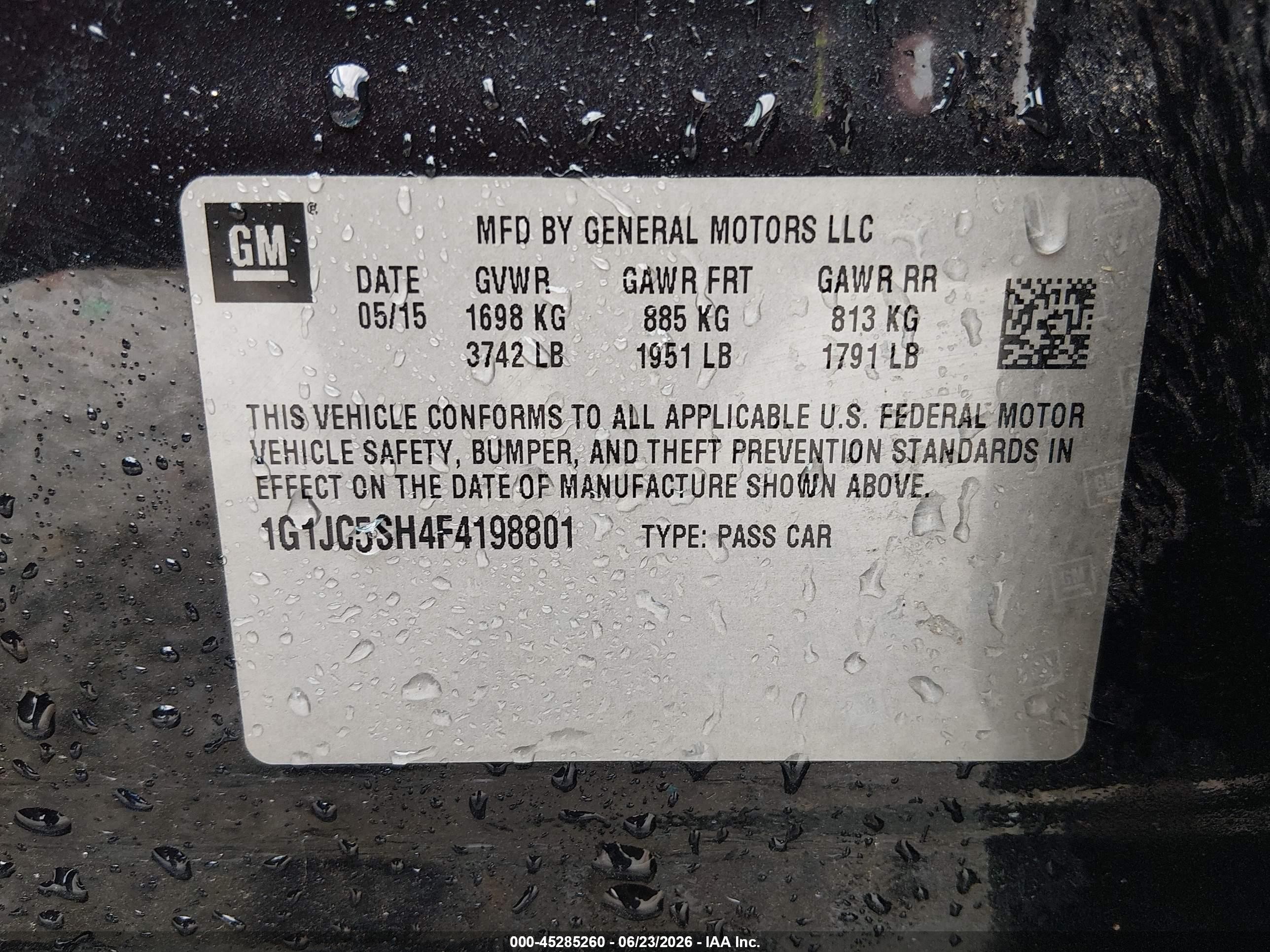 2015 Chevrolet Sonic Lt Auto Black vin: 1G1JC5SH4F4198801