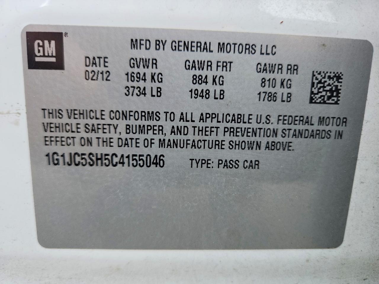 2012 Chevrolet Sonic Lt White vin: 1G1JC5SH5C4155046