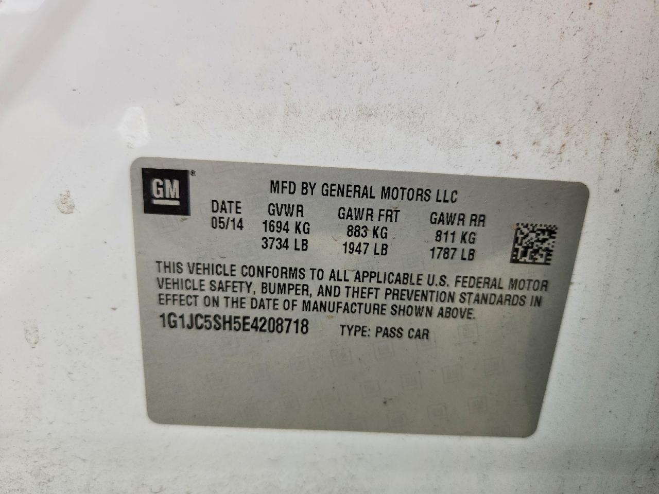 2014 Chevrolet Sonic Lt White vin: 1G1JC5SH5E4208718